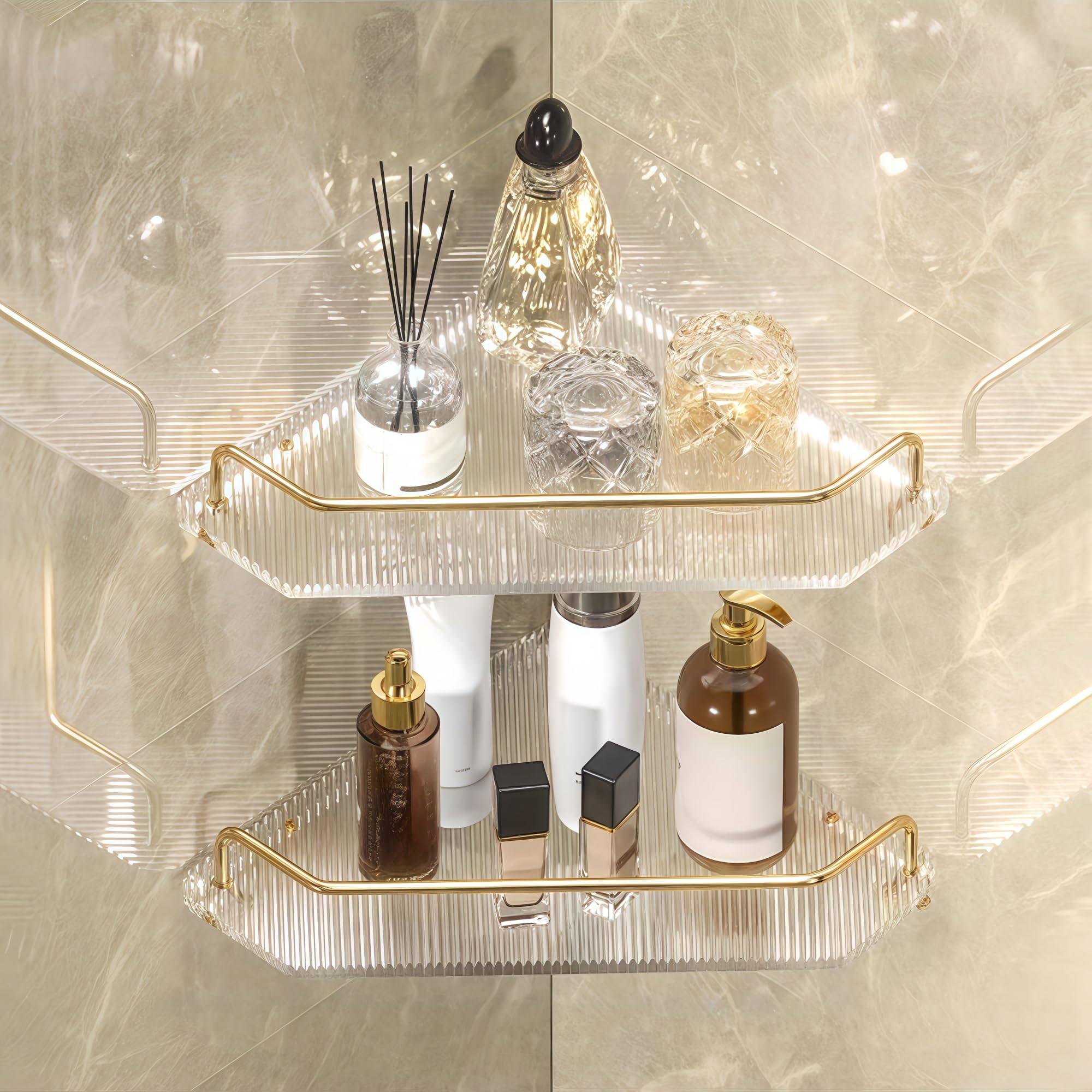 Yacoxe Gold 2 Corner Shower Caddy，Shower Corner Caddy，Corner Shower Caddy For Small Bathrooms，Waterproof Corner Shower Rack For Bathroom，Bathroom Corner Shelf， For Bathroom, Vanity And Kitchen(,2-Layer)
