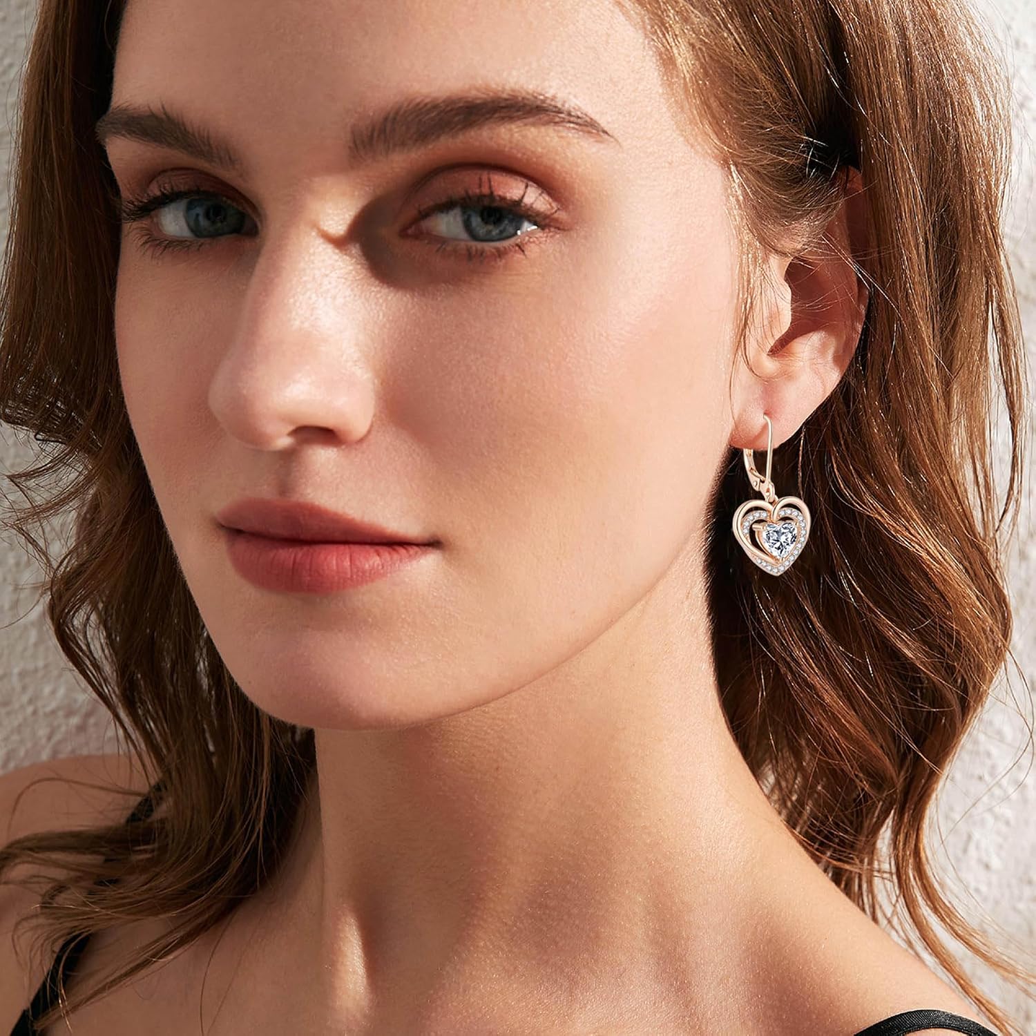 925 Sterling Silver Heart Birthstone Earrings for Women Dainty Dangle Drop Leverback Earrings with Rose Gold Plated 5A Cubic Zirconia Jewelry Birthday Gifts for Wife Her