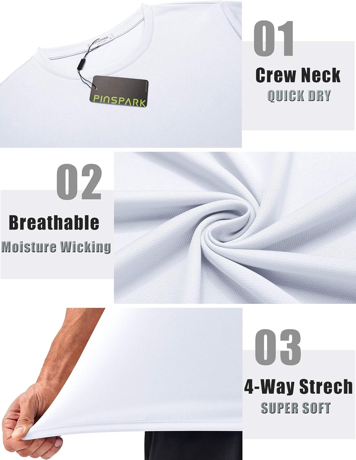 PINSPARK Men's 3 Pack Workout Shirts Quick Dry Moisture Wicking Crewneck Tee Shirt Mesh Athletic T-Shirts - Image 3