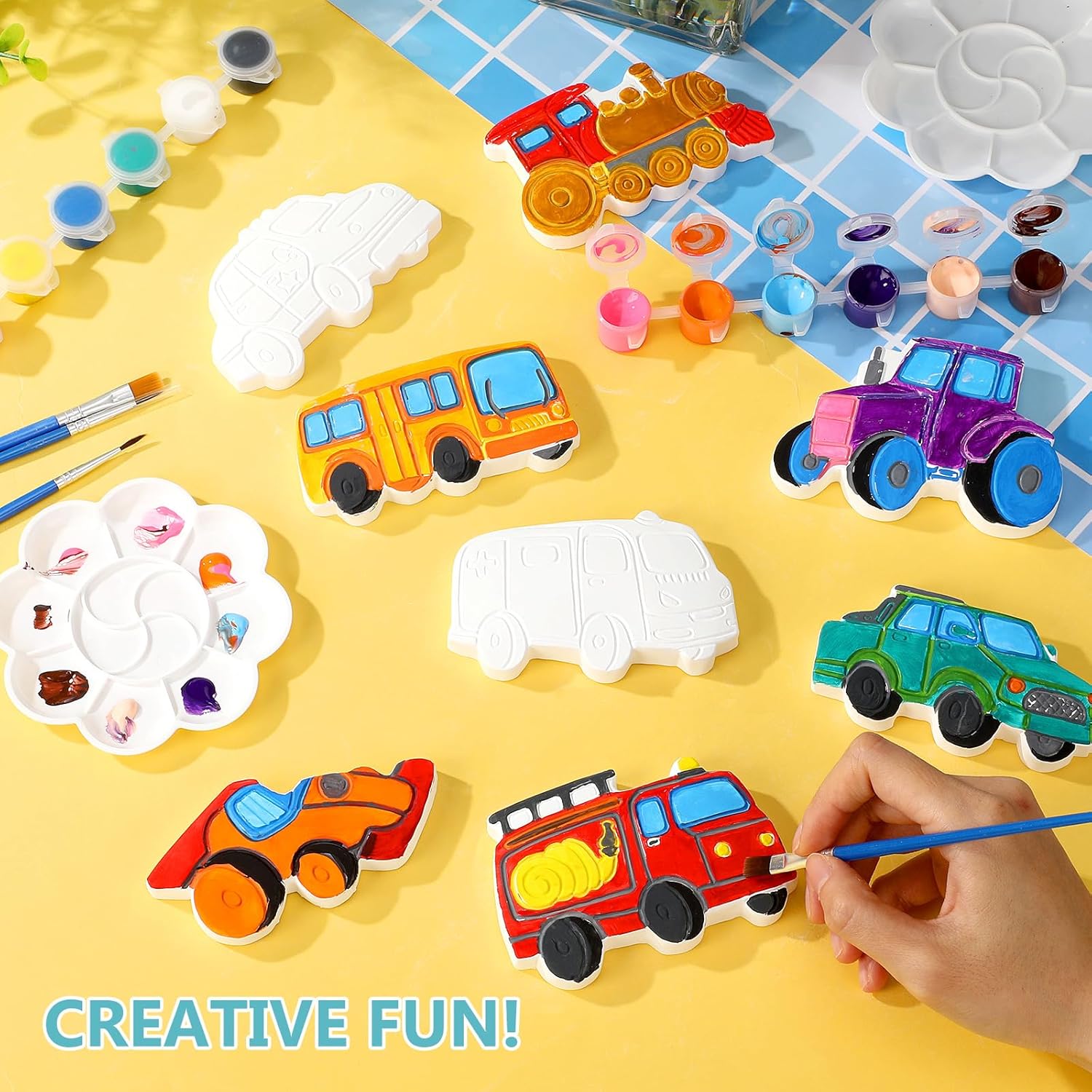 HyDren 8 Pack Paint Your Own Plaster Stones Spring DIY Outdoor Garden Arts and Crafts DIY Stones Painting Kit Supplies with Paint Palette and Brush for Easter Birthday Gifts(Car)
