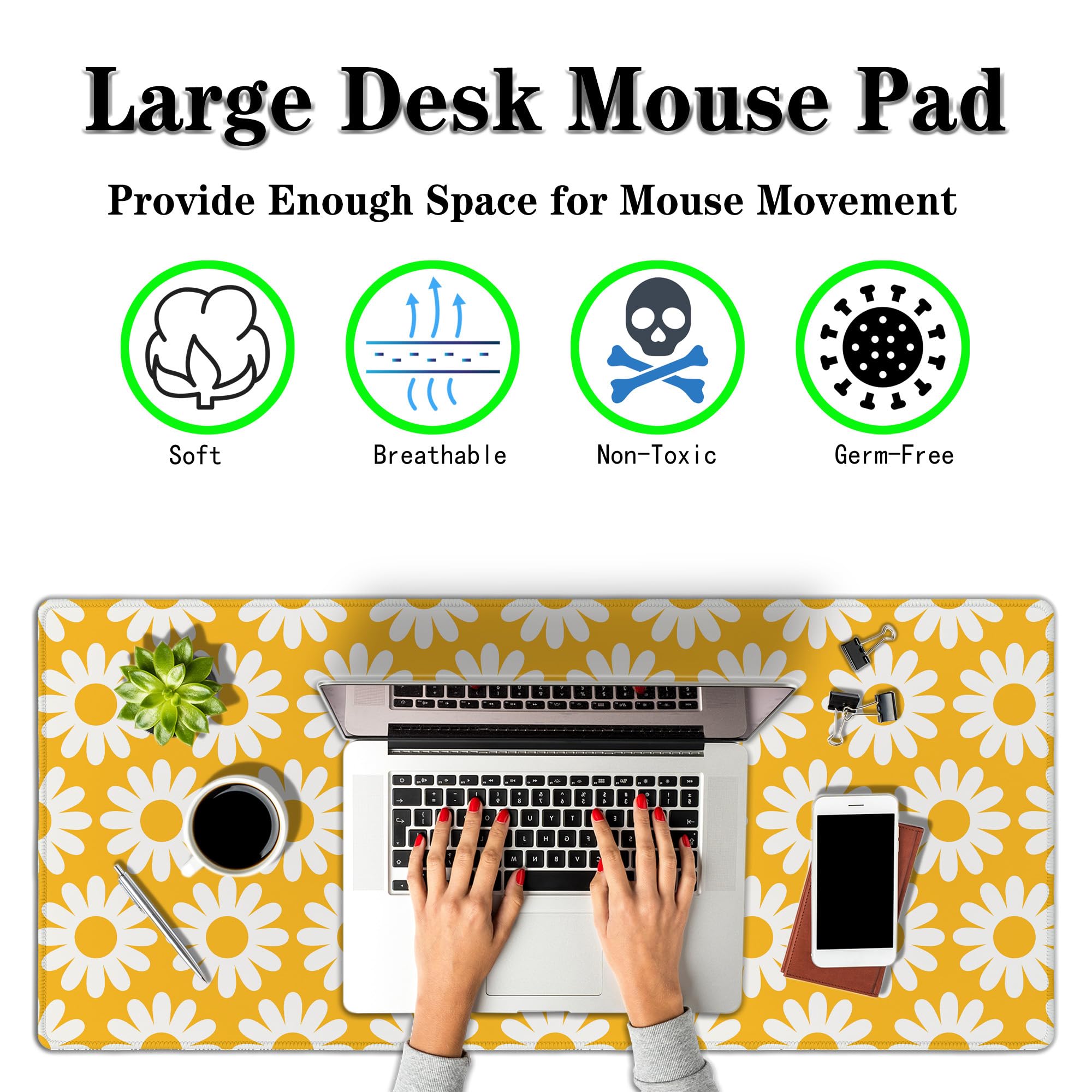 Tapete de escritorio para computadora, color amarillo, alfombrilla de mouse grande para juegos, teclado y mouse, base de goma antideslizante, impermeable con bordes cosidos, 35.4 x 15.7