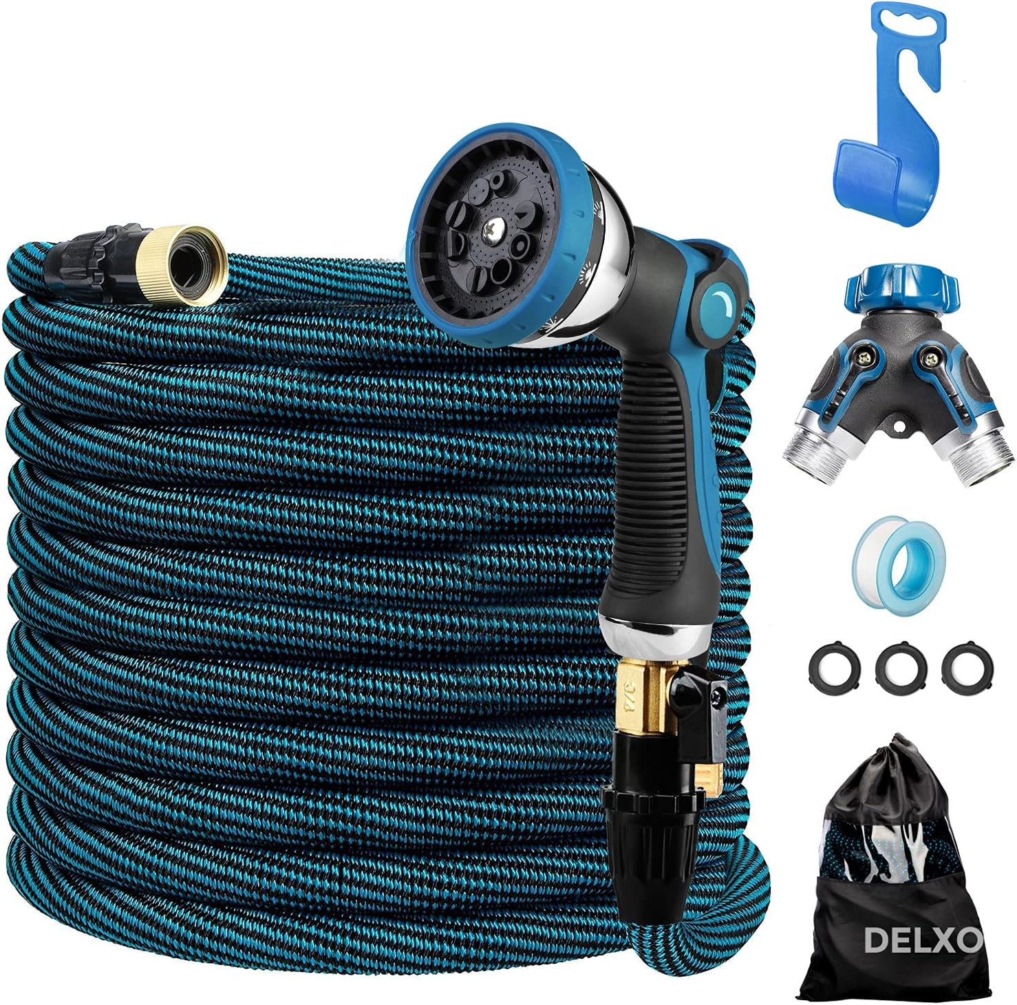 Delxo 100Ft Expandable Garden Hose Kit Include 7, Flexible Water Hose with 9-Function High-Pressure Metal Spray Nozzle, Leakproof Design 3/4”Solid Brass Fittings Lightweight But Heavy Duty Hose Blue
