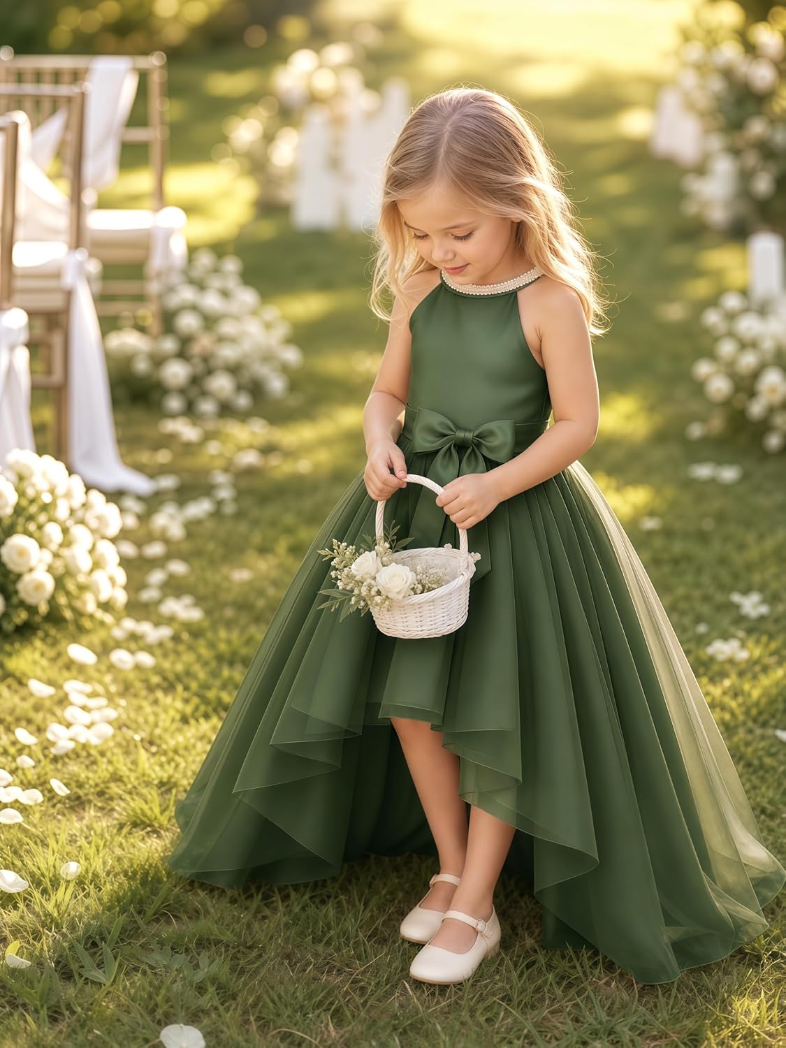 High Low Flower Girl Dresses Toddler Tulle Beaded Halter Neck Junior Bridesmaid Dress Girls Formal Ball Gown with Bow