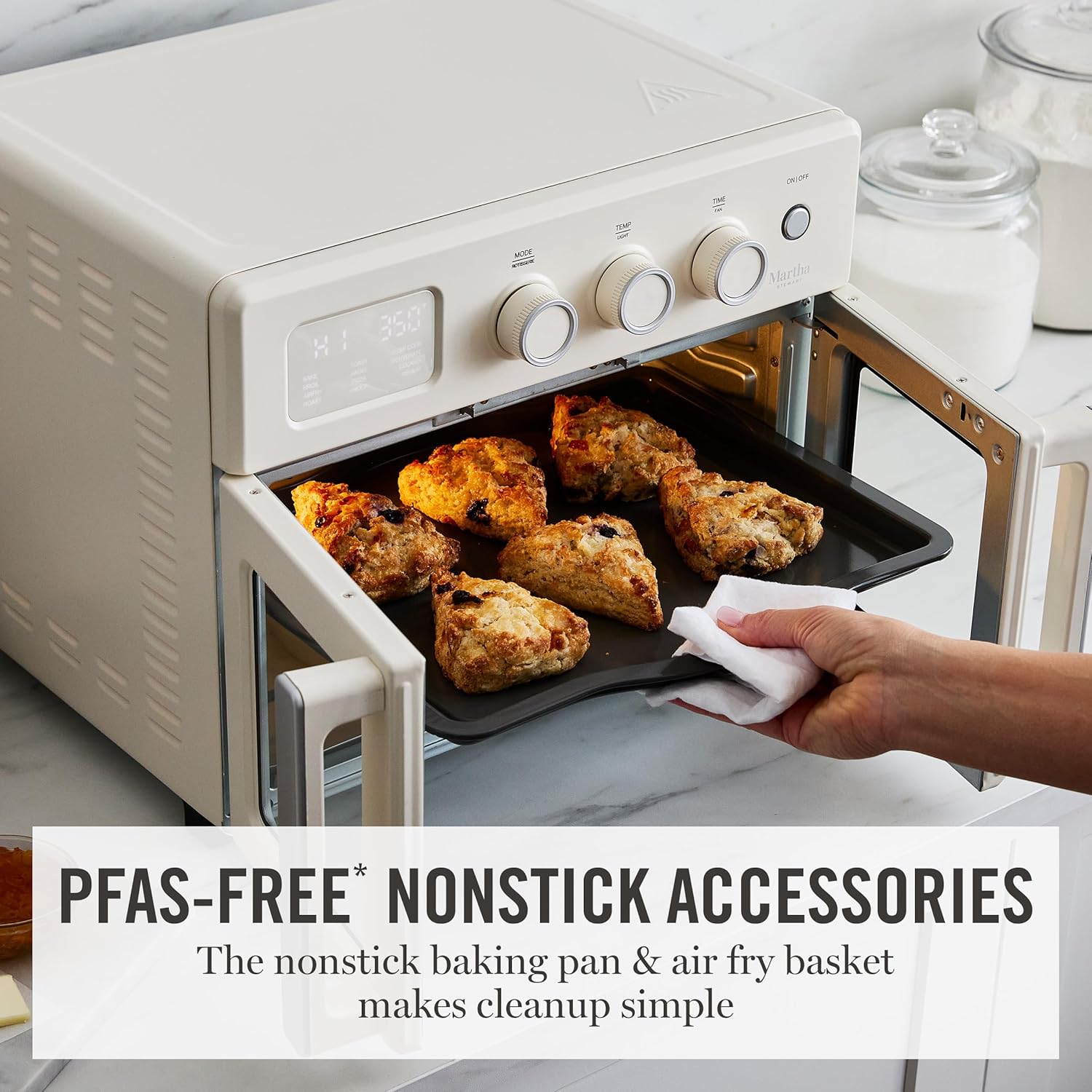 Martha Stewart French Door Air Fryer Toaster Oven Combo, 34QT Countertop Convection, 12-in-1, Bake, Broil, Roast, Fits 12” Pizza, Dehydrate, 5 Accessories, Air Fry Basket, Stainless Steel, Linen White