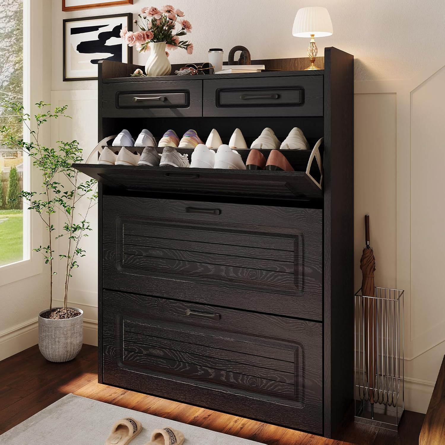 Shoe Cabinet with 2 Storage Drawers & 3 Large Flip Drawers for Entryway, Narrow Wood Shoe Storage Cabinet, Freestanding Hidden Shoe Organizer for Hallway, Living Room, Home & Apartment(Black)