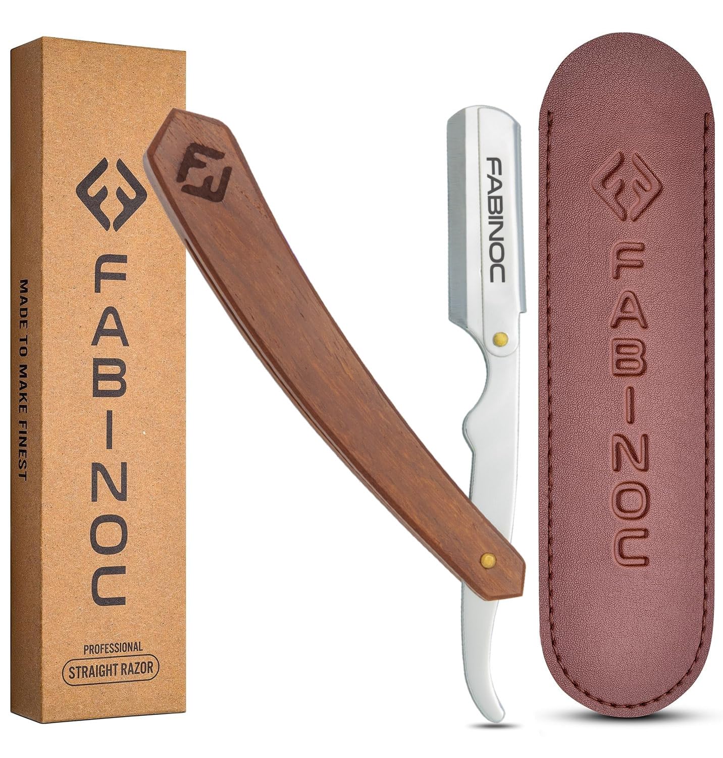 FABINOC® Cut Throat Razor Kit - Professional Barber Straight Razor with Wooden Handle - Single Edge Blade Shaving Razor for Moustache & Beard - Pouch Included - Blades NOT Included (Silver)