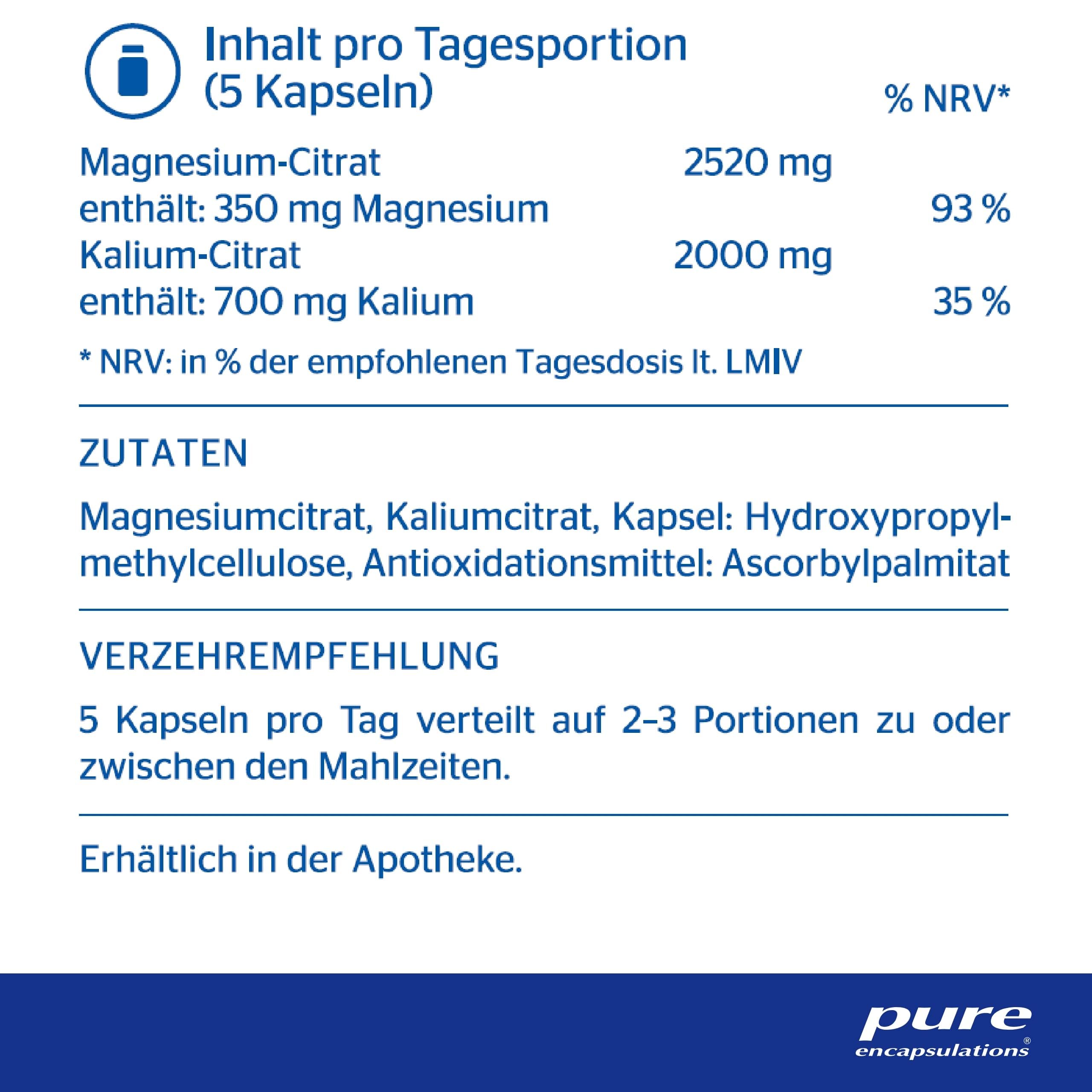 Pure Encapsulations - Kalium-Magnesium (Citrat) - Hochwertige Elektrolyt-Kombination für Blutdruck, Nerven und Muskeln - Organische Citrat-Form - 180 vegane Kapseln