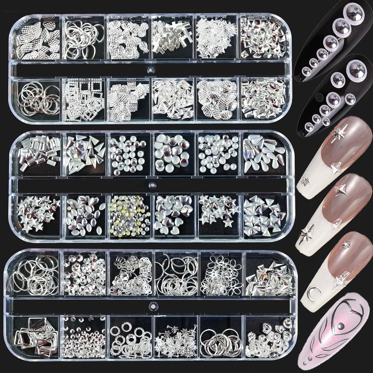 Cagzzee Silver Nail Charms - 3 Boxes (2000 Pieces) - Y2K Silver Nail Art - 3D Nail Decoration - Mixed Shapes - Silver Set