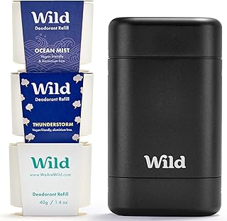 Mens Natural Refillable Deodorant Starter Kit - Black Case with Fresh Cotton & Sea Salt, Ocean Mist & Thunderstorm Scents - Long Lasting Protection - Aluminium Free - Vegan & Eco-Friendly