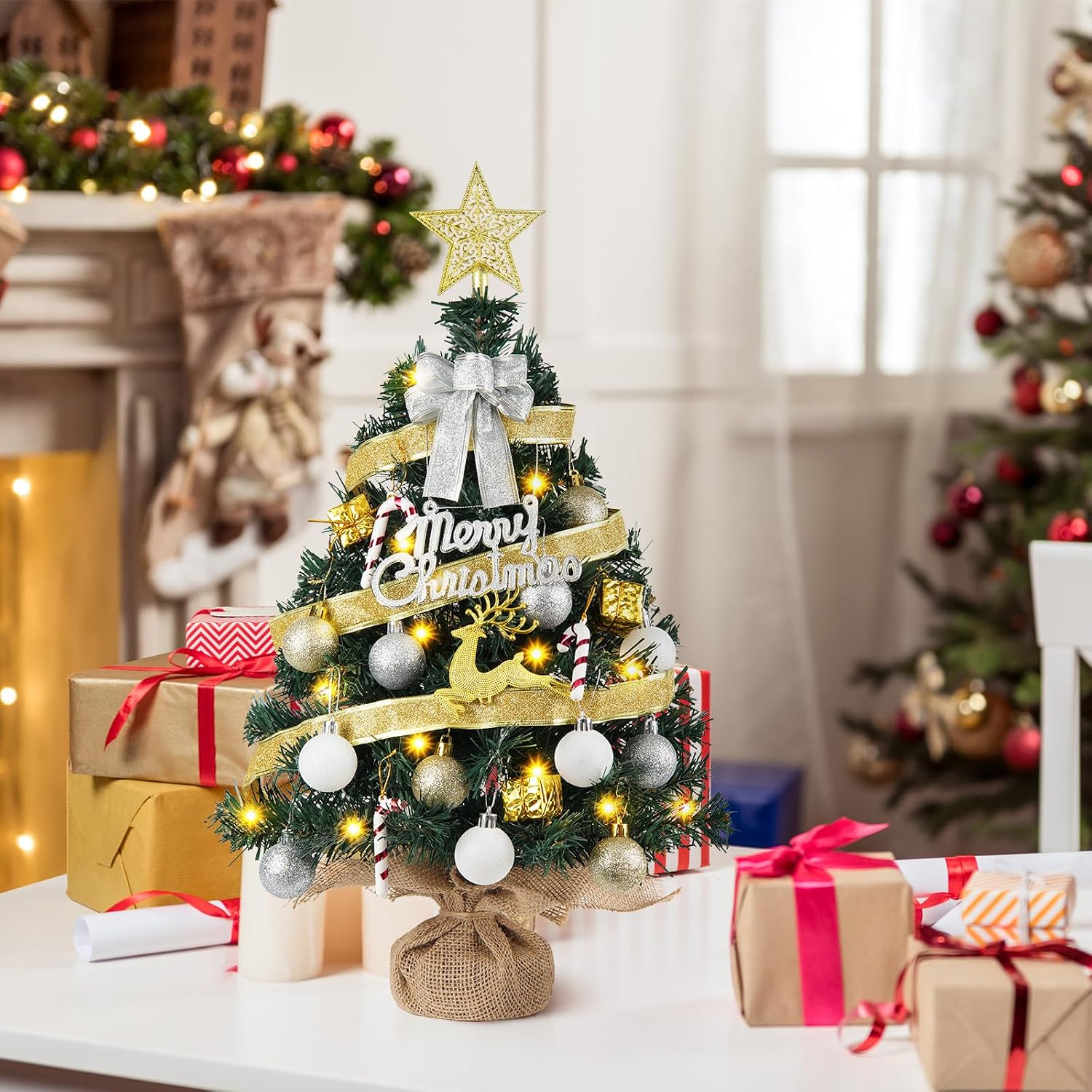 Mini Christmas Tree Decorations 24In/2FT Small Artificial Christmas Tree Tabletop with 40 Lights 8 Modes Tabletop Fireplace Mantel Table Christmas Decorations Home Office Indoor Decor