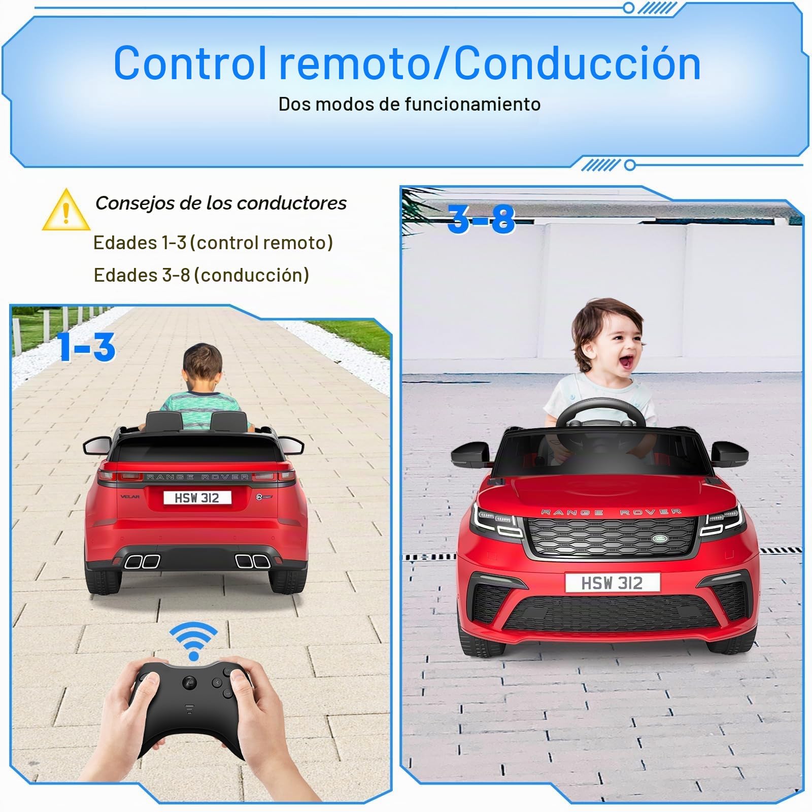 Garvee Coche Eléctrico Infantil con Licencia Land Rover - Grande 2 Plazas, Puertas Hidráulicas, Doble Motor 12V, Control Remoto 2.4G, Altavoz, Bocina, Luces LED, Seguro Niños 3-6 Años, Color Rojo