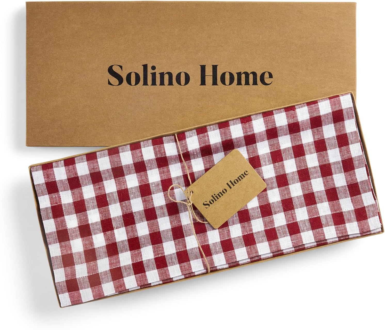 Solino Home Linen Gingham Table Runner 120 Inches Long - 100% Pure Linen Burgundy Checkered Table Runner 14 x 120 Inch Ideal for Dining, Mothers Day