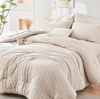 HYMOKEGE Beige Seersucker 7-Piece Full Size Comforter Set - All-Season Bed in a Bag with Sheets, Shams, Pillowcases