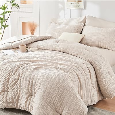 HYMOKEGE Beige Oversized King Comforter Set Seersucker 7 Pieces, All Season Luxury Bed in a Bag for Bedroom, Bedding Set with Comforter, Sheets, Pillowcases & Shams