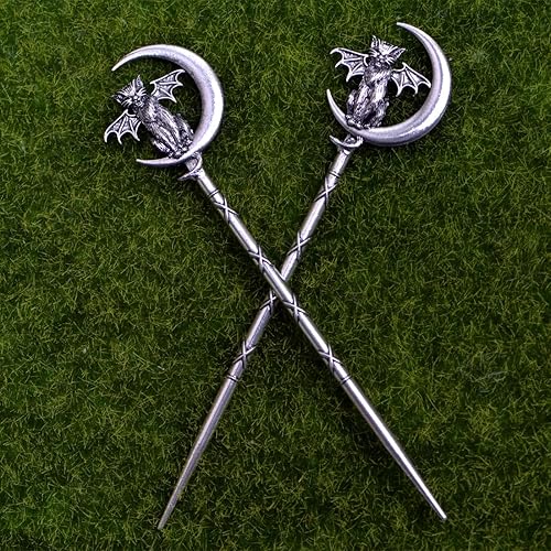 Miniatura 4 de LANGHONG 2 unidades de palos de pelo retro de luna creciente para mujer, gato y luna, accesorios para el cabello, pasadores de peinado (QHZB)