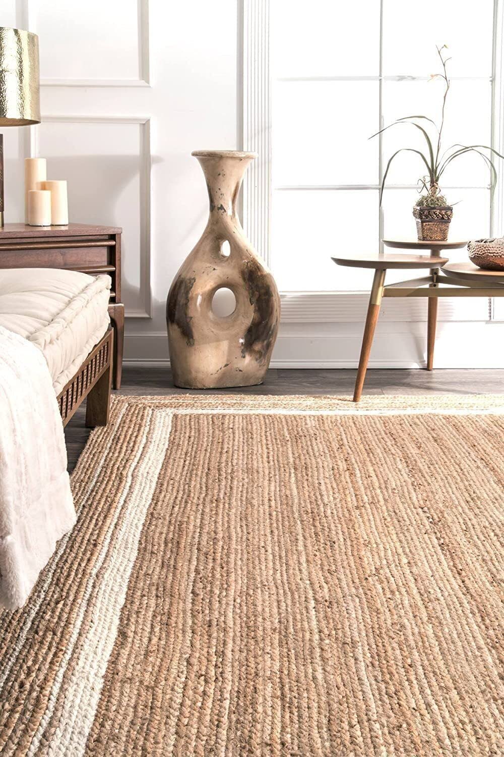 Tapis de Couloir en Jute Beige et Blanc ligné Fait à la Main (60 x 360 cm)
