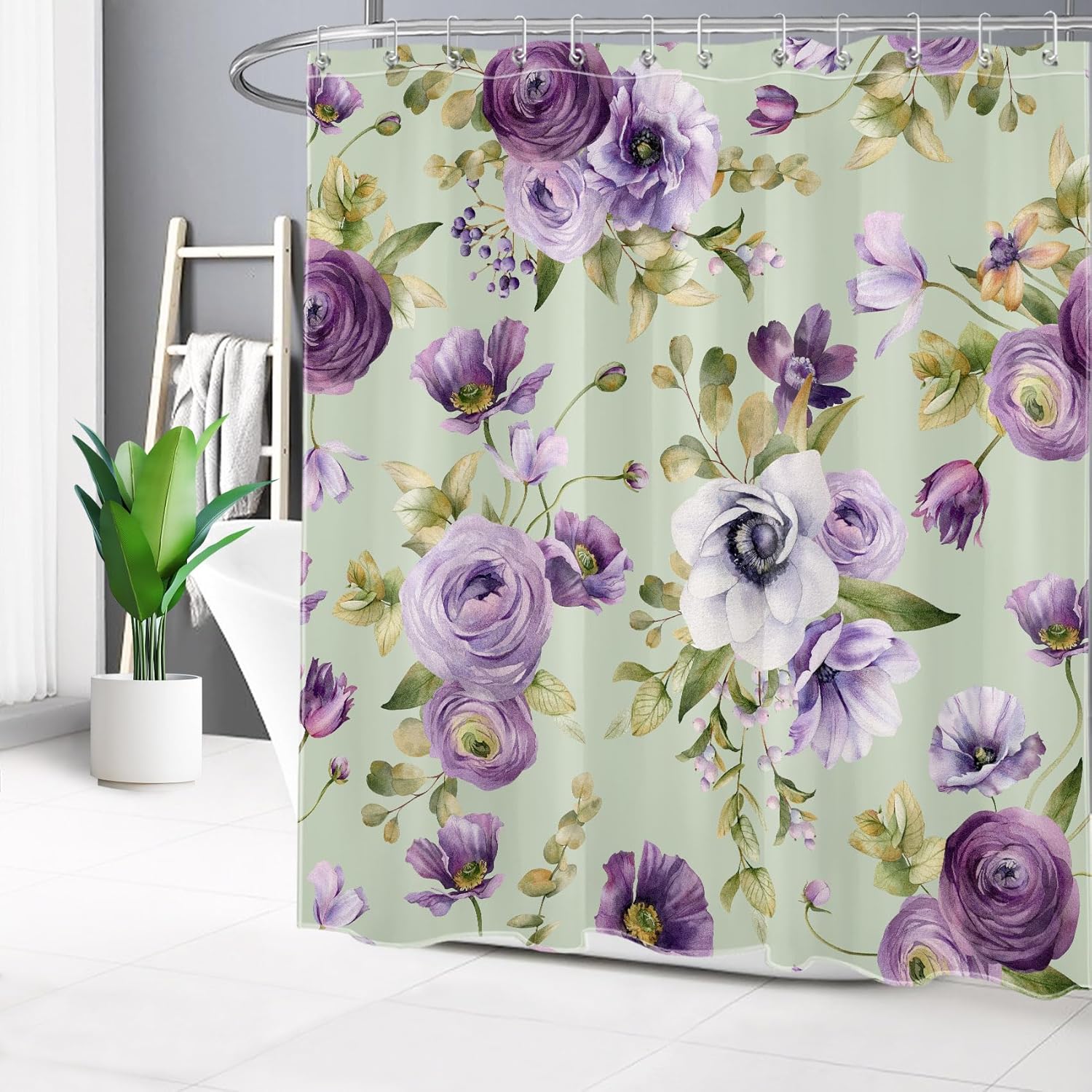 LB Sage Green Botanical Shower Curtain Sets with Rugs Nature Purple Floral with Botanical Green Leaf Fabric Shower Curtain with Hooks Spring Plant Rose Bathroom Curtains Shower Set, 72x72 inches