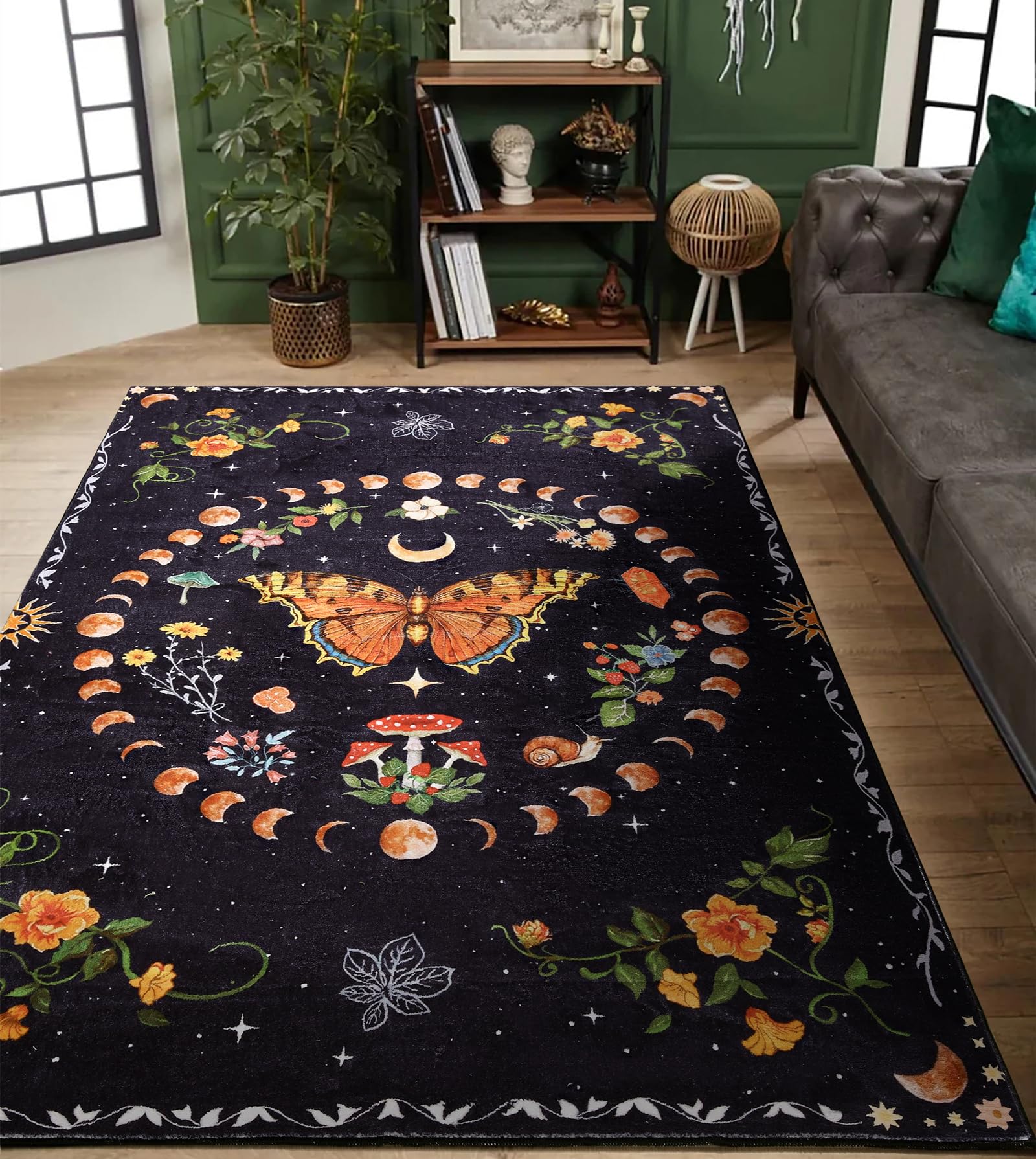 Ultra Thin Moody Black Floral Rugs Washable, Boho Cute Aesthetic Bedroom Rugs Dorm Carpet Indie Moon Phase Room Decor, Vintage Botanical Butterfly 4x6