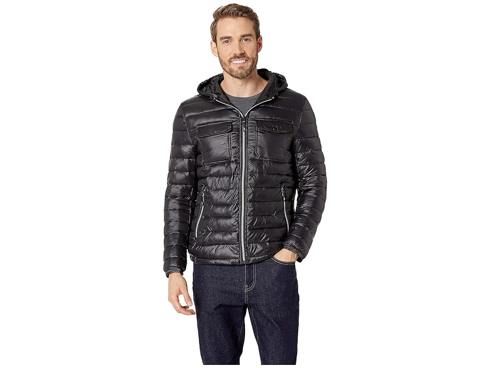 

Kenneth Cole New York Double Chest Pocket Puffer with Hood Jacket (Black) Men's Coat