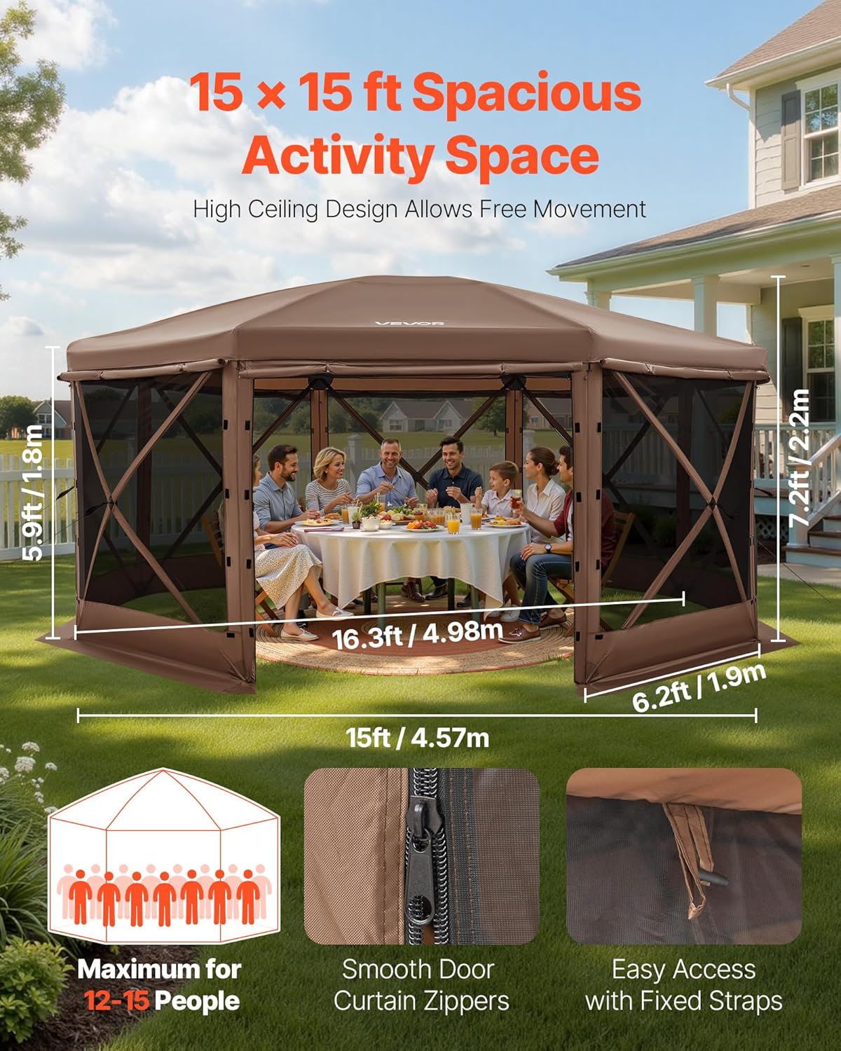 vevor pop up gazebo screen tent, 15 x 15 ft large 8-sided camping canopy tent with removable top & carry bag, quick-set & bite-proof, screen house sun shelter for 12-15 persons backyard patio, brown brown 15x15ft
