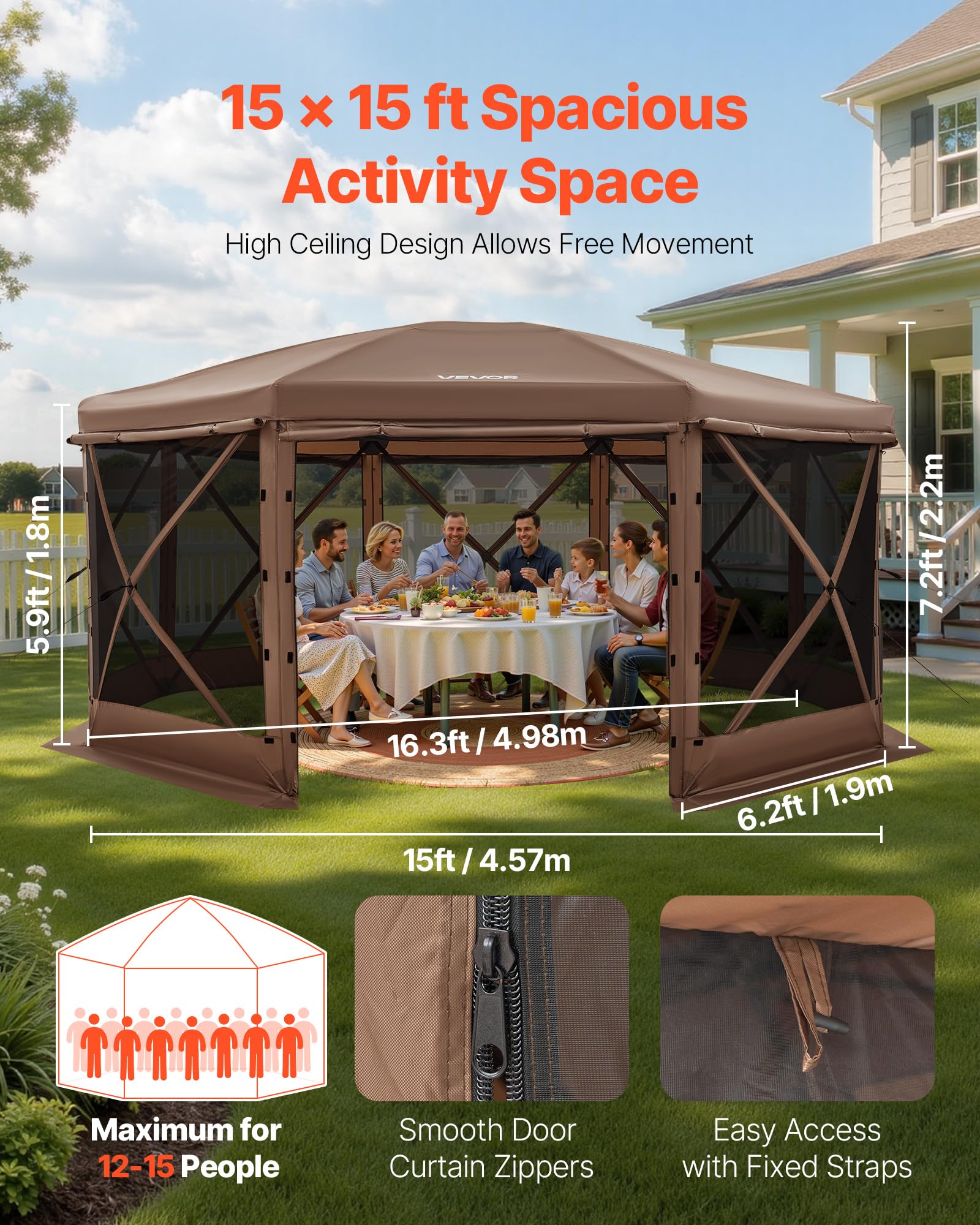 VEVOR Namiot przeciw owadom pawilon Pop-up 4,57 x 4,57 m, składany namiot z moskitierą dla 12–15 osób, 8 stron, na kemping dla rodziny, na taras, ogród, ze zdejmowanym dachem, torba transportowa