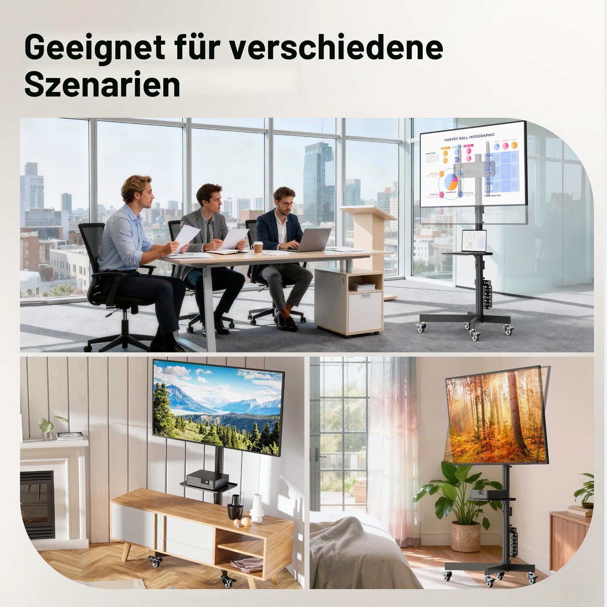 BONTEC TV Ständer Rollbar für 23-60 Zoll LED LCD OLED, Max. VESA 400x400mm, bis 40 kg, Höhenverstellbarer Fernsehständer mit Rollen und Lochplatte, Medienablage, Kabelmanagement, Schwarz