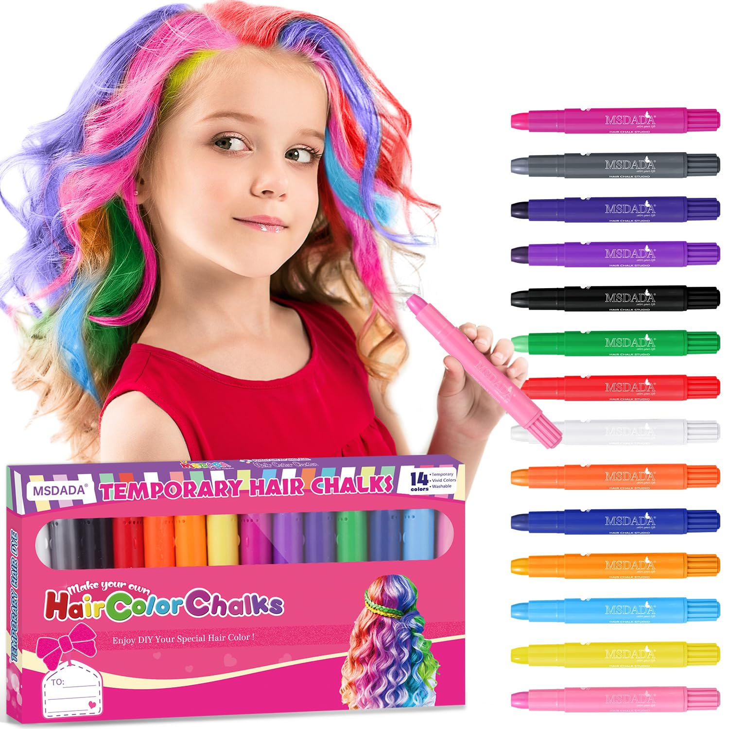 Hair Chalk for Girls Kids-14 Temporary Colors Hair Color Dye Washable Makeup Kit DIY Birthday Cosplay Halloween Gifts for Girls Party Supplies Aged 3 4 5 6 7 8 9 10-12