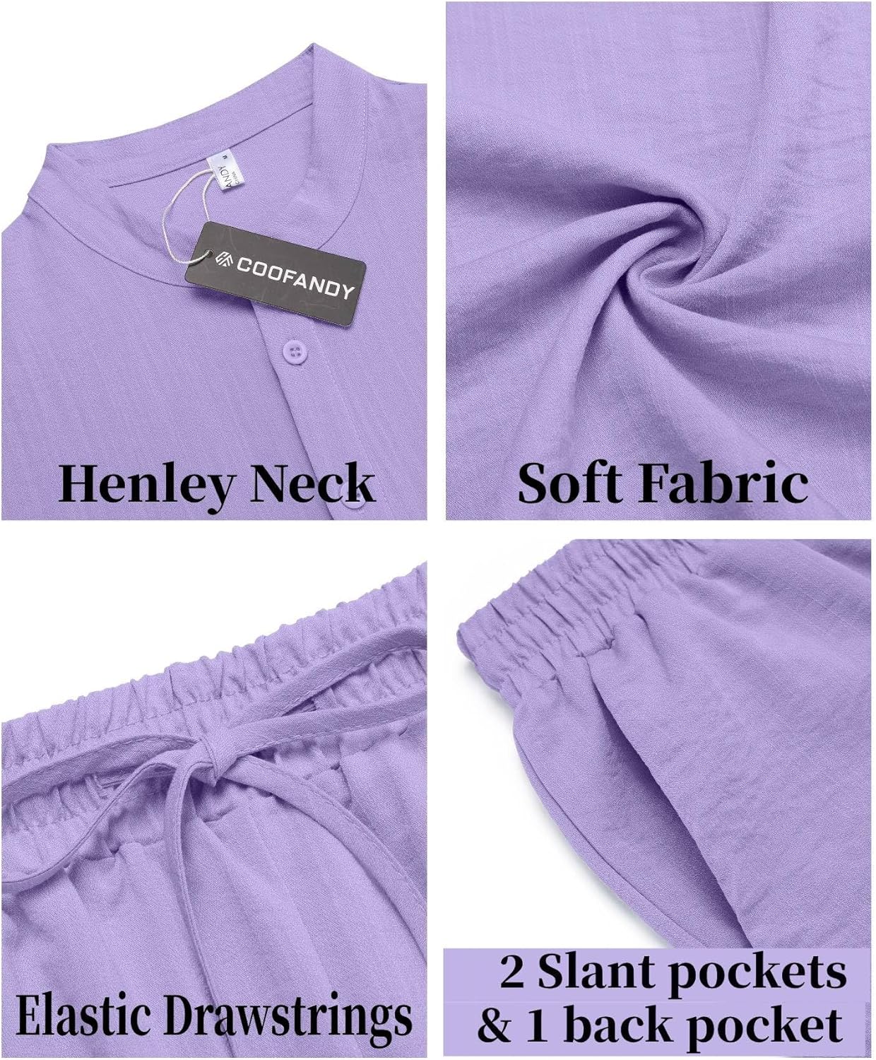 COOFANDY Men's 2 Pieces Linen Set Casual Henley Shirts Short Sleeve Beach Yoga Shorts Summer Pants Outfits - Image 5