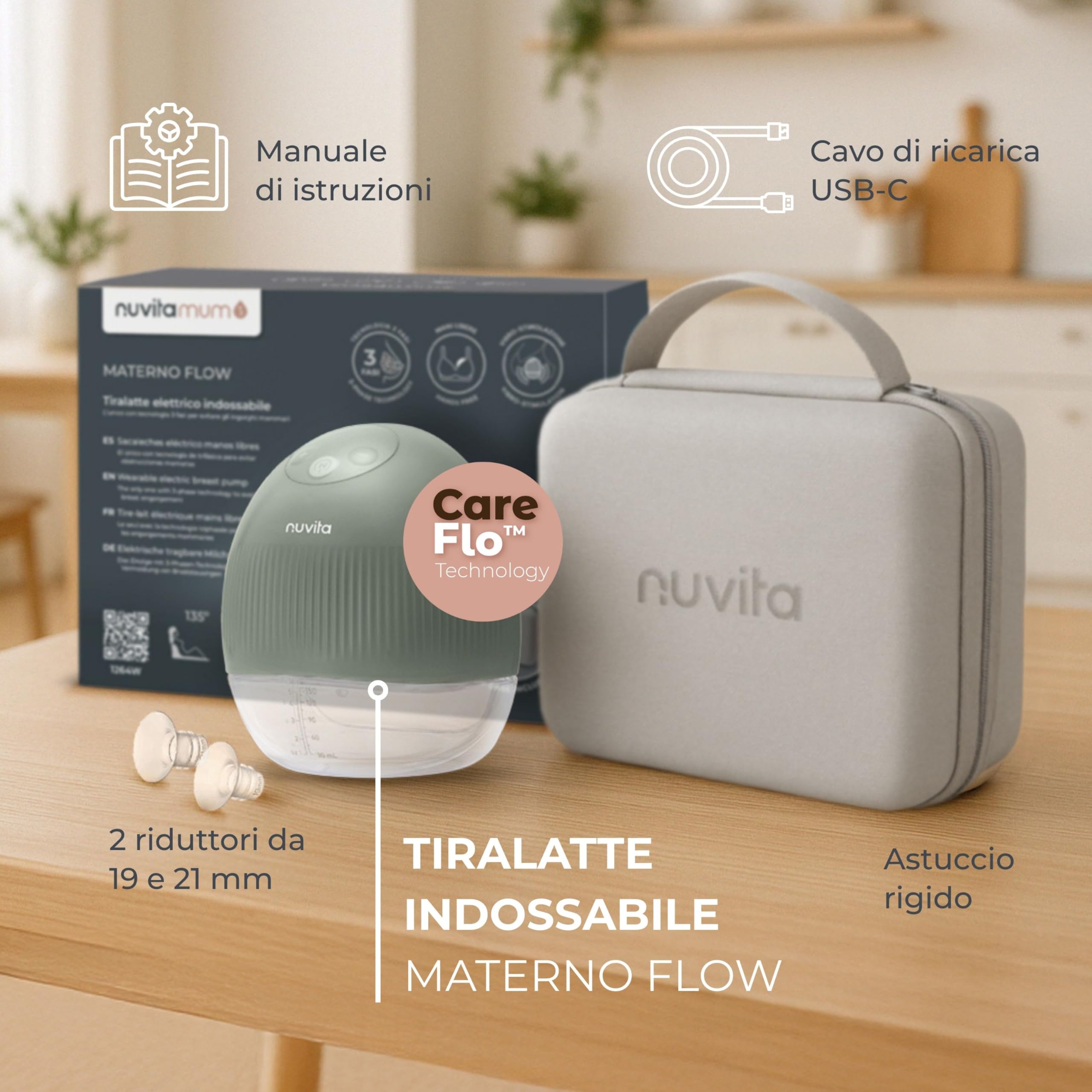 Nuvita 1264W Tiralatte Elettrico Indossabile 3 Fasi con Vibro-Stimolazione – Silenzioso, Portatile, Batteria Ricaricabile USB-C, 4 Cicli Completi, Coppa Silicone 24mm con Riduttori, Custodia Rigida