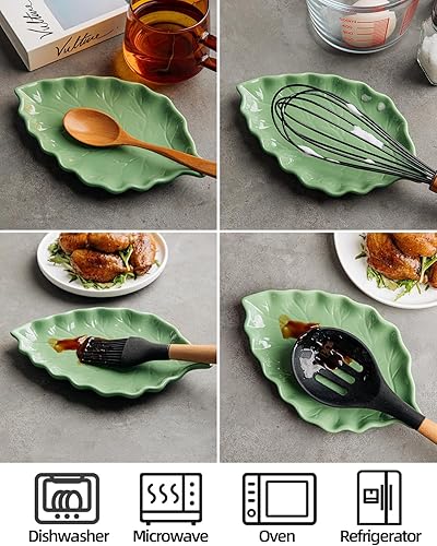 Vista 44 de Soporte para cuchara grande de cerámica, 6.2 x 5.2 pulgadas, resistente al calor, antiadherente, para estufa, acabado brillante, apto para Azure-1