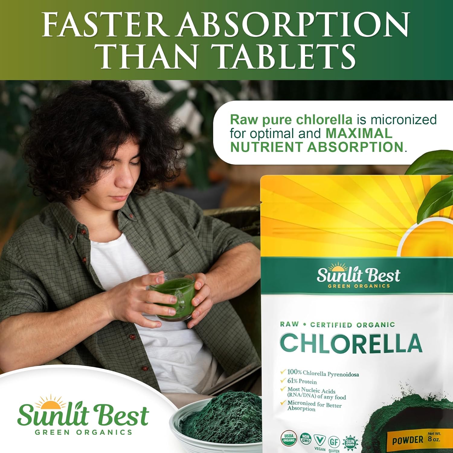 Sunlit Best Chlorella Powder Organic USDA, Green Algae Chlorella Powder, Broken Cell Wall Chlorellas, Raw Vegan Protein Chlorophyll - Non GMO, Gluten Free Superfood, Immune Support Supplement, 8 oz - Image 6