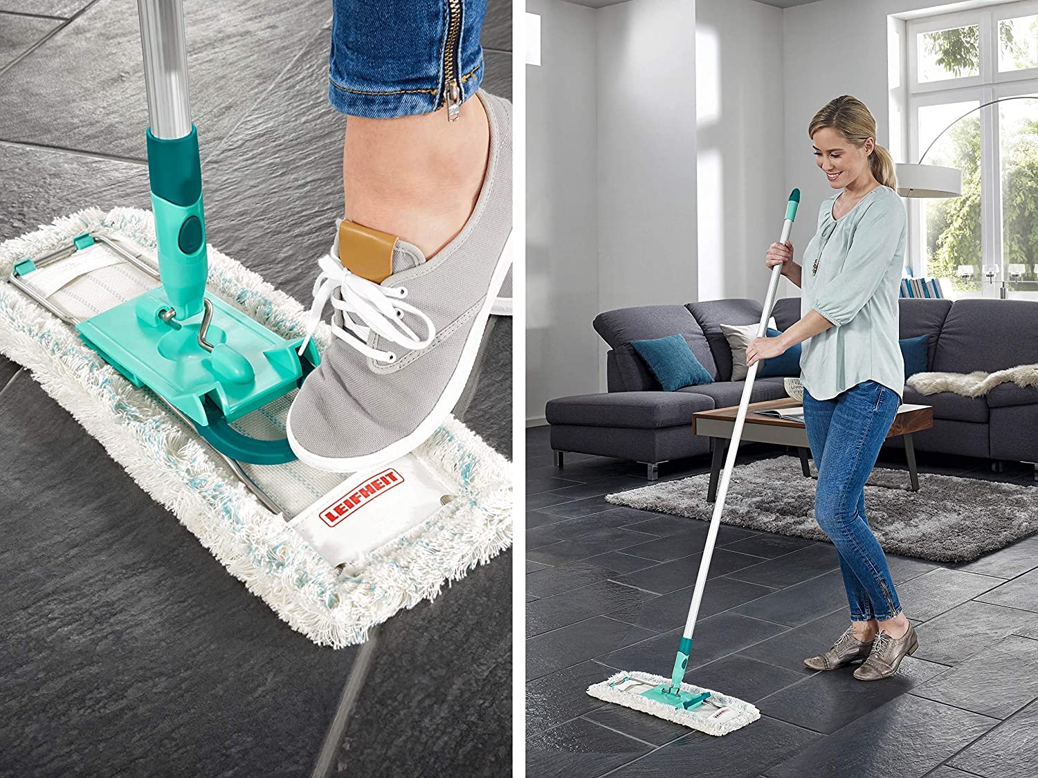 Leifheit rückenschonender Bodenwischer Profi XL Micro Duo inkl. Ersatzbezug Micro Duo aus Mikrofaser, Wischer für Fliesen und Steinböden mit großer Wischbreite, 360° Drehgelenk und Click-System