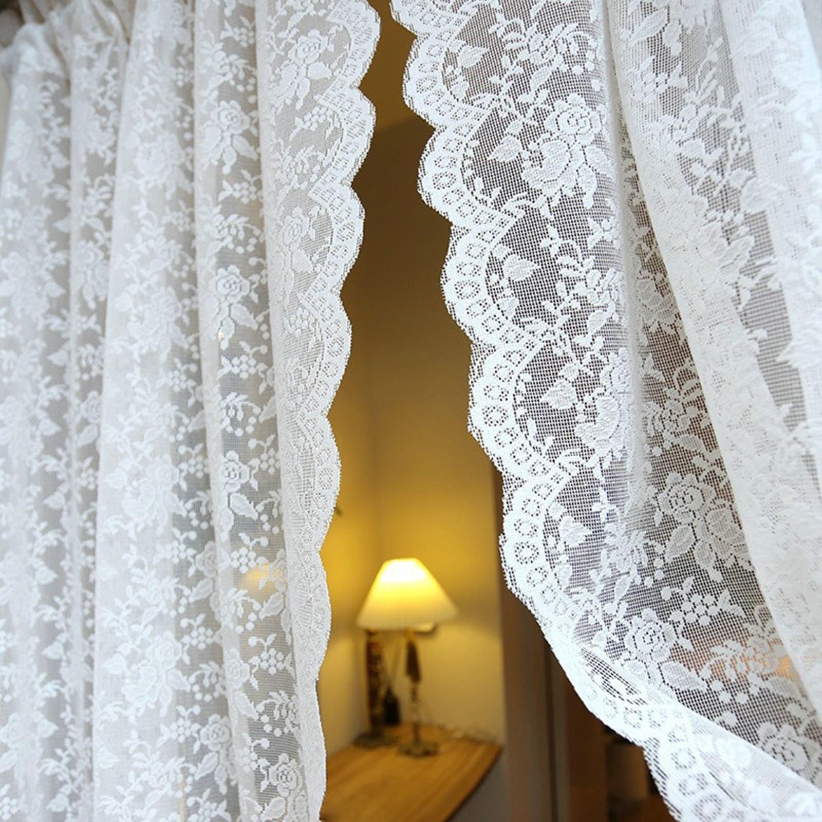 KnSam Rideau Voilage Porte Coton à Passant 280x100cm, Rideau Fenetre Chambre Dentelle Petite Rose Bordure Festonné Blanc Style Américain 1pcs