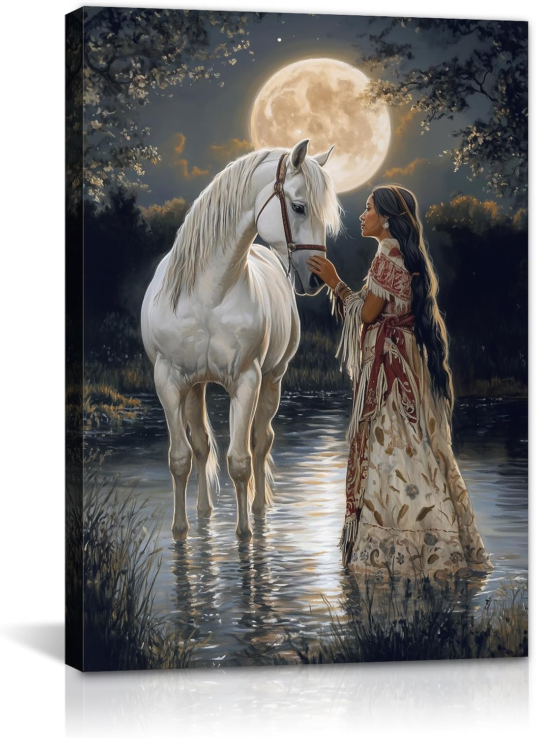 GLOKAKA Woman and White Horse Canvas Wall Art Vintage Indian Women Pictures Wall Decor Moonlit Forest Landscape Paintings for Living Room Bedroom(Artwork-1,16"x24")