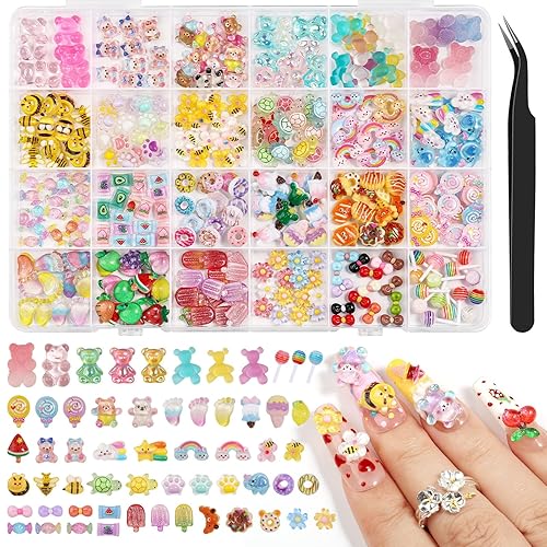 300PCS Kawaii Nail Charms Kit, 3D Animal & Candy Resin