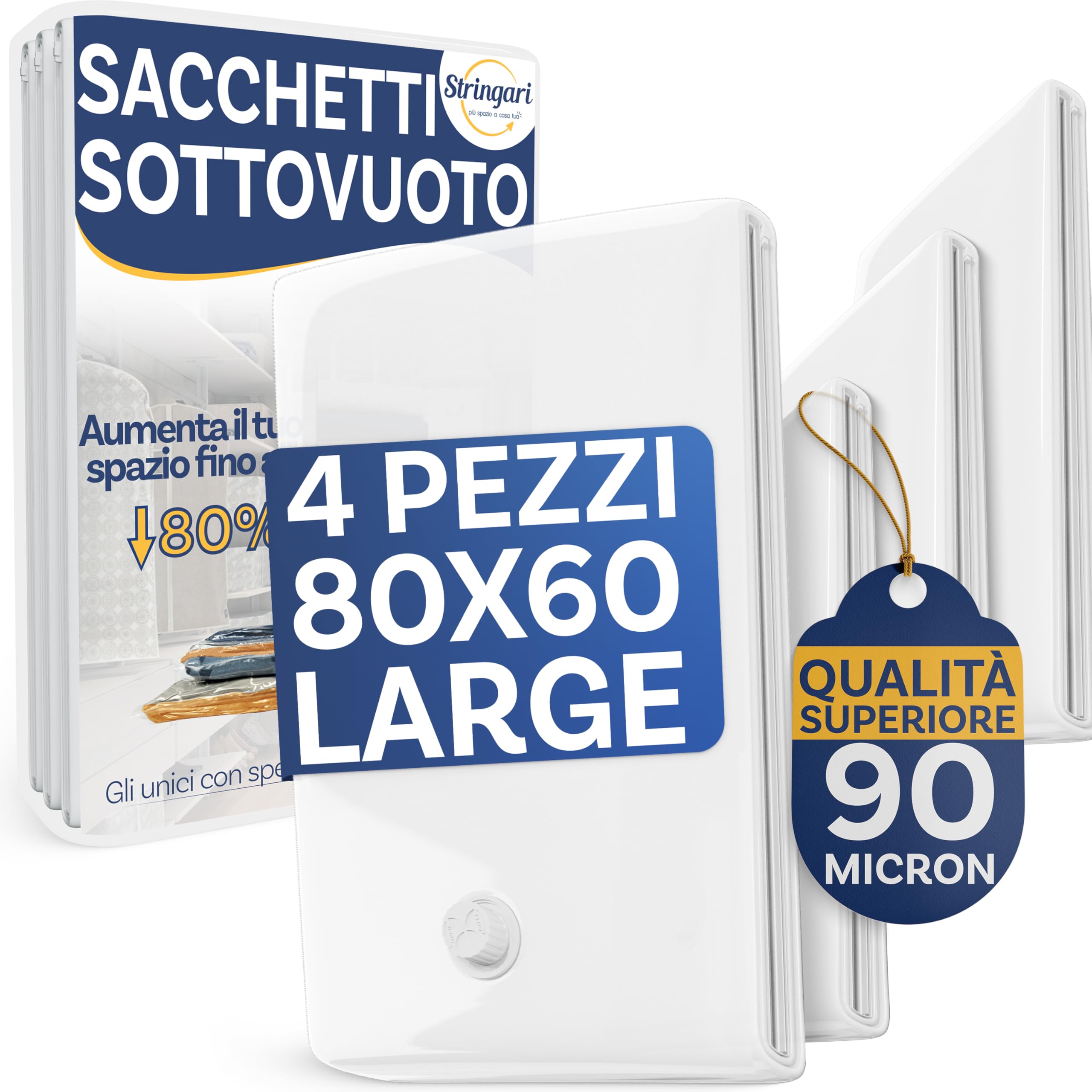 Stringari 4 Sacchi L 80x60 cm - Sacchetti Sottovuoto Vestiti con Spessore 90 Micron - Buste di Qualità Superiore per Piumoni - Sacchi Salvaspazio per Armadi e Cambio Stagione