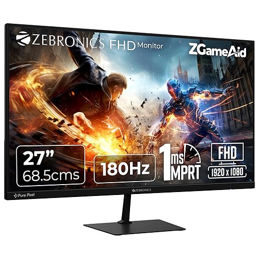 ZEBRONICS N27A 27 inch Gaming Monitor, FHD 1920x1080, IPS-Antiglare Display, 300Nits, 180Hz, 1ms MPRT, HDR10, 99% sRGB, Adaptive Sync, 1 x DP | 1 x HDMI | 1 x 3.5mm