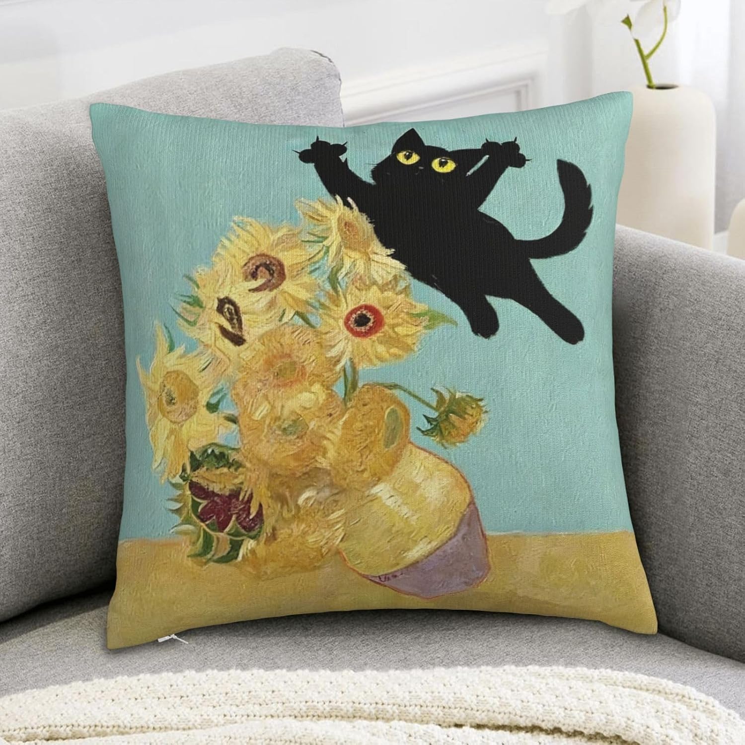 Funny Black Cat Art Sunflower Cat Print Throw Pillow Covers Aesthetic Square Pillowcase for Home Living Room Bedroom Office Sofa Car Decor Cushion Case 18x18 Inch image 3