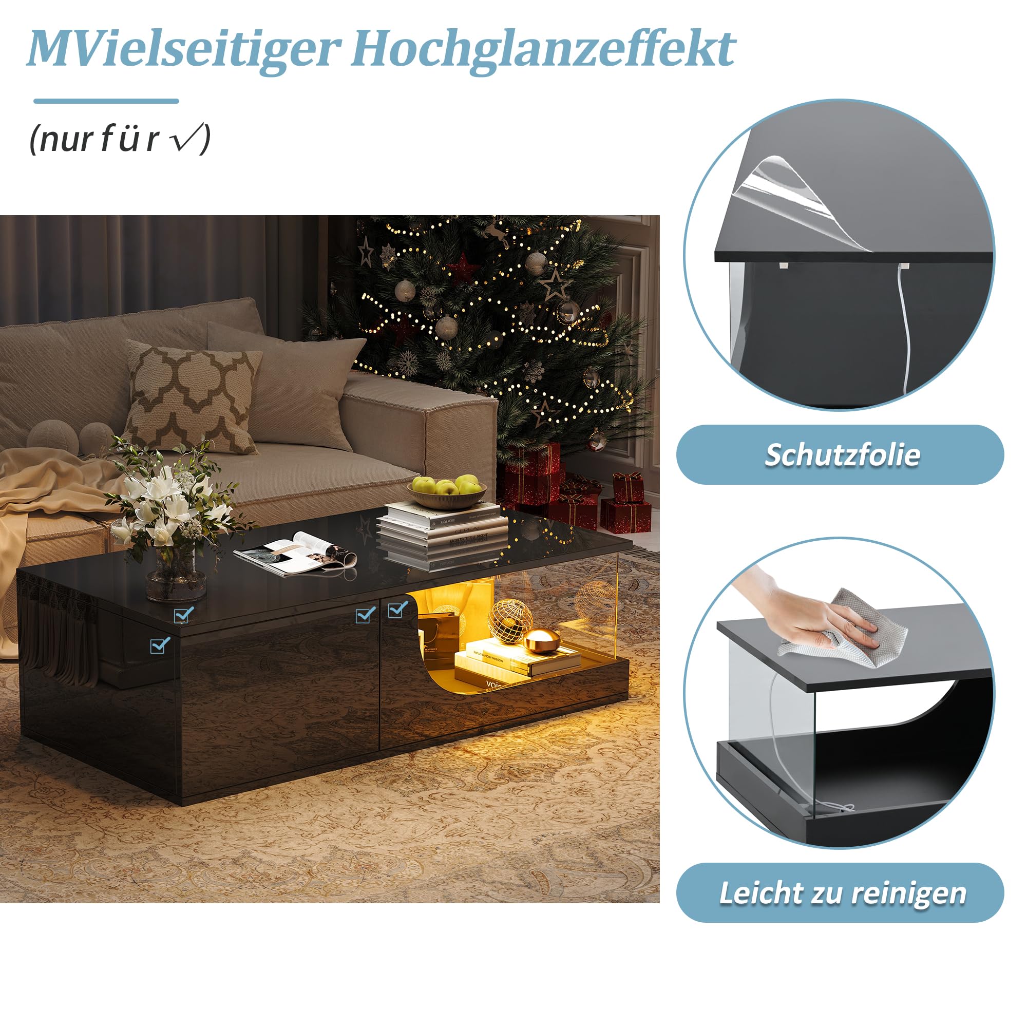 Merax Table Basse LED avec 2 tiroirs, Table de Salon Haute Brillance avec Plateau en Verre trempé, Table de café Moderne avec éclairage RGB contrôlé par Application, Couleur Noire,100×50x30 cm