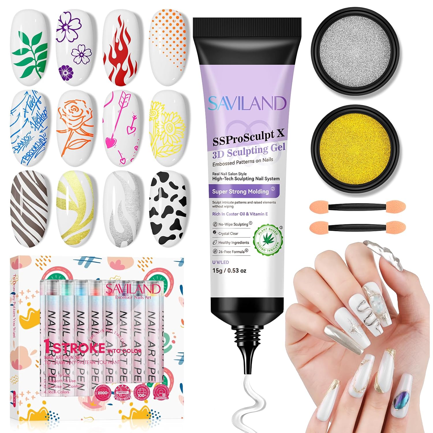 Saviland 3D Gel Nail Kit: 12 Colors 0.5MM Quick Drying Nail Art Pens Fine Tip with Professional 3D Gel Nail Art Set for Sculpting, Decoration, and Manicure