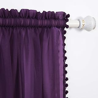 Elegant Comfort Semi-Sheer Pom Pom Tassels Curtains - 2 Panels Set - with 2inch Rod Pocket - Solid Sheer Curtain Drapes for Living Room, Bedroom, W40 X L84, Purple - Buy now