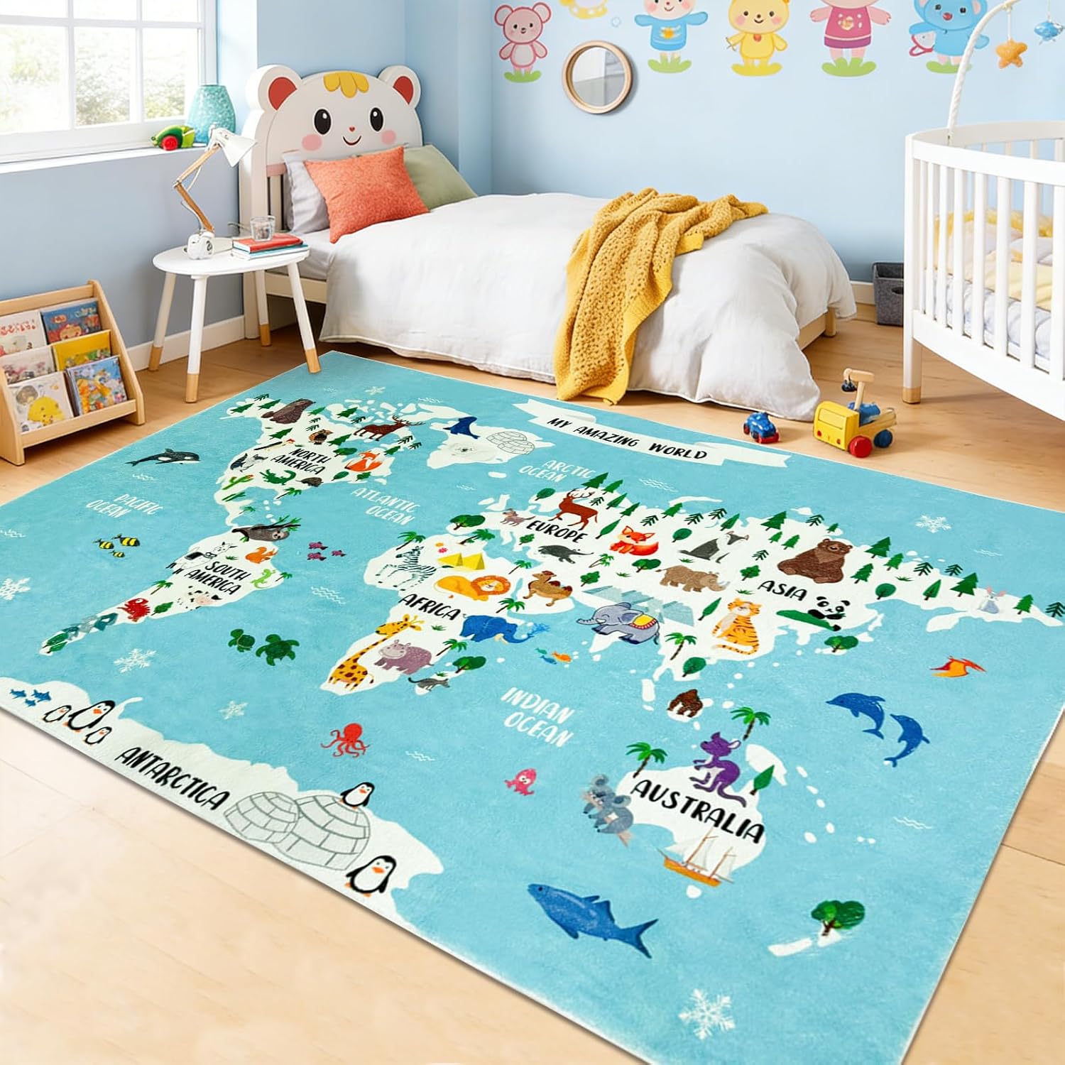 Animal Kids Rug 4x6Ft World Map Play Carpet Mat for Boys Girls Bedroom Classroom, Washable Educaitonal Nursery Area Rug for Crawling Nonskid Faux Wool Playroom Rug for Children, Blue