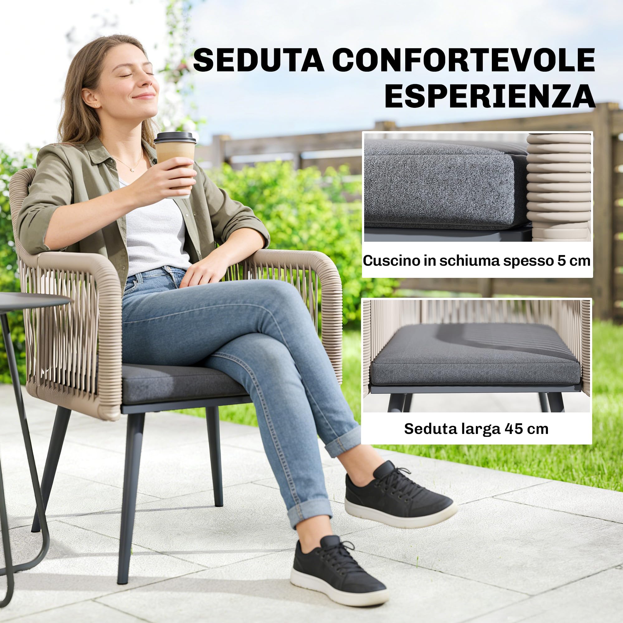 Outsunny Set 2 Sedie da Giardino in Rattan PE con Cuscini Morbidi Lavabili e Braccioli, Sedie per Pranzo da Esterno in Acciaio, da Patio, Balcone, Terrazza, Esterno, 54x65x80cm, Grigio Scuro