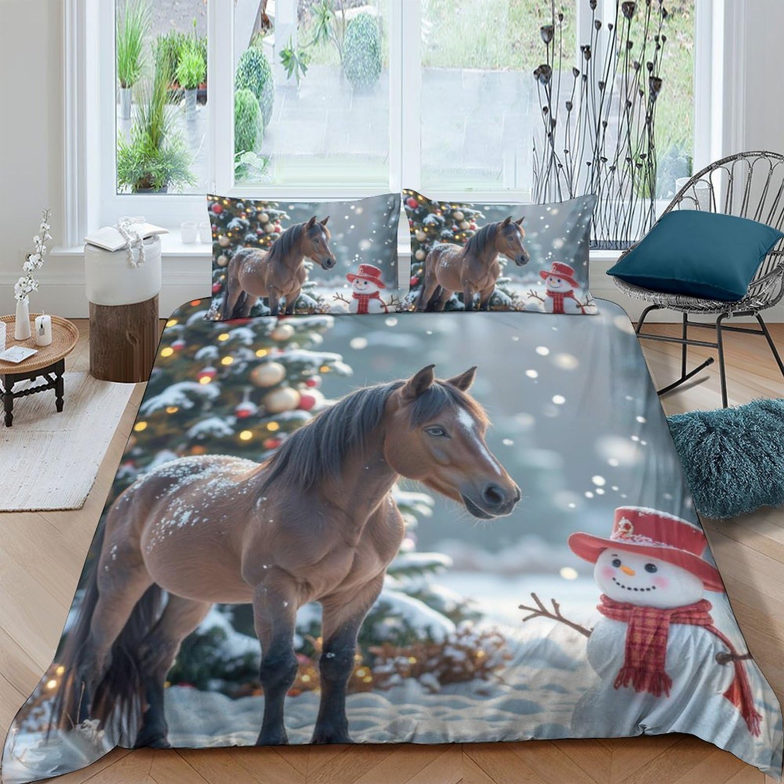 Ctjqhvkz Style-1 3D Printed Christmas Horse Fitted Sheet Microfiber Soft Snowman Bed Cover For Bedroom Guest Room Decor Single（135X200cm）