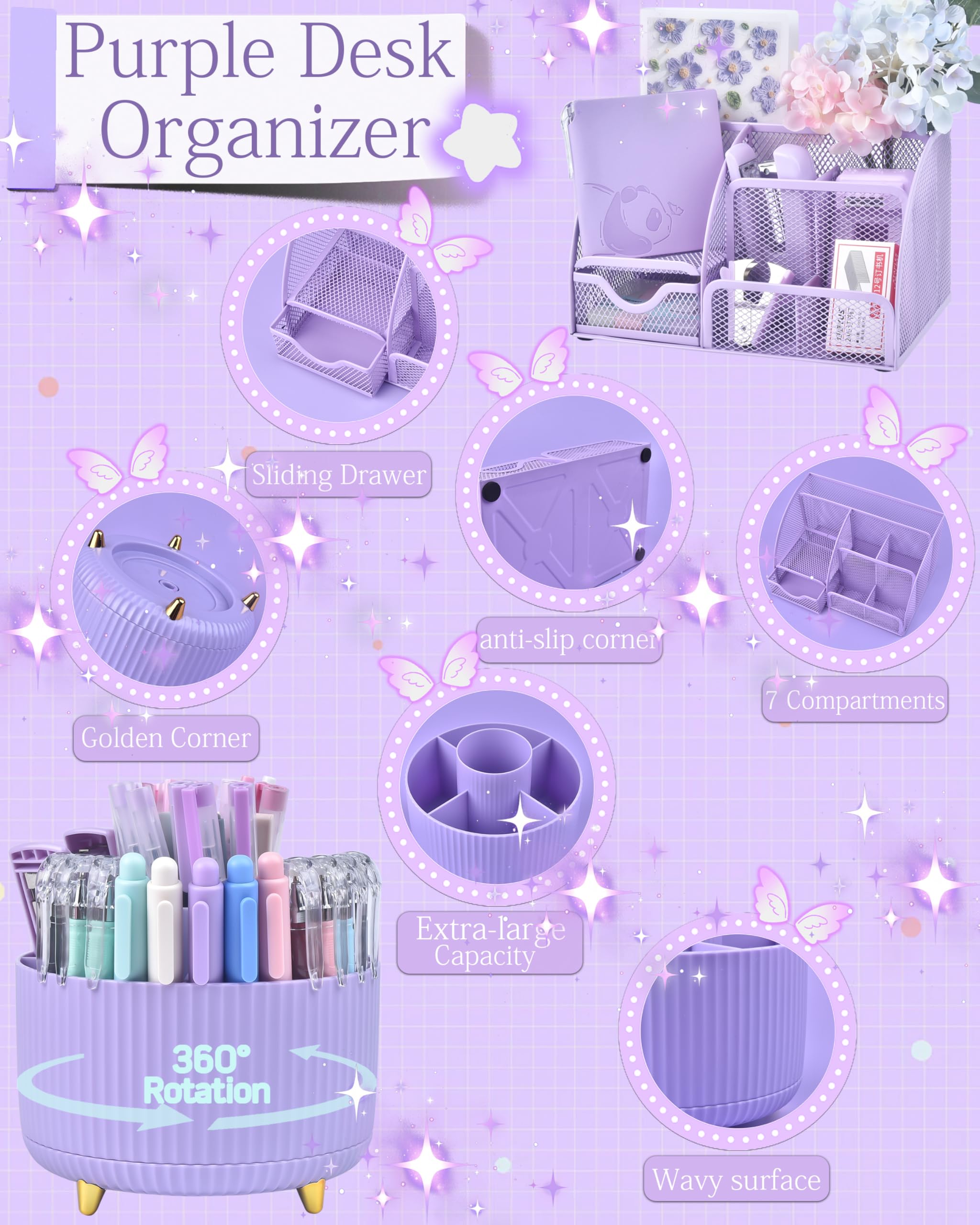 Accessori da scrivania viola e organizer con organizer da scrivania e portapenne girevole a 360° e un sacco di forniture per ufficio viola splendidamente presentato in una confezione regalo