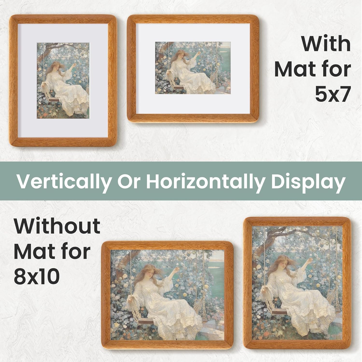 8x10 Picture Frame, Natural Teak Wood Photo Frame with Tempered Glass, Display 5x7 with Mat or 8x10 Without Mat, Wood 8 by 10 Photo Frame, 8 x 10 Solid Wooden Picture Frames for Wall Hanging Display