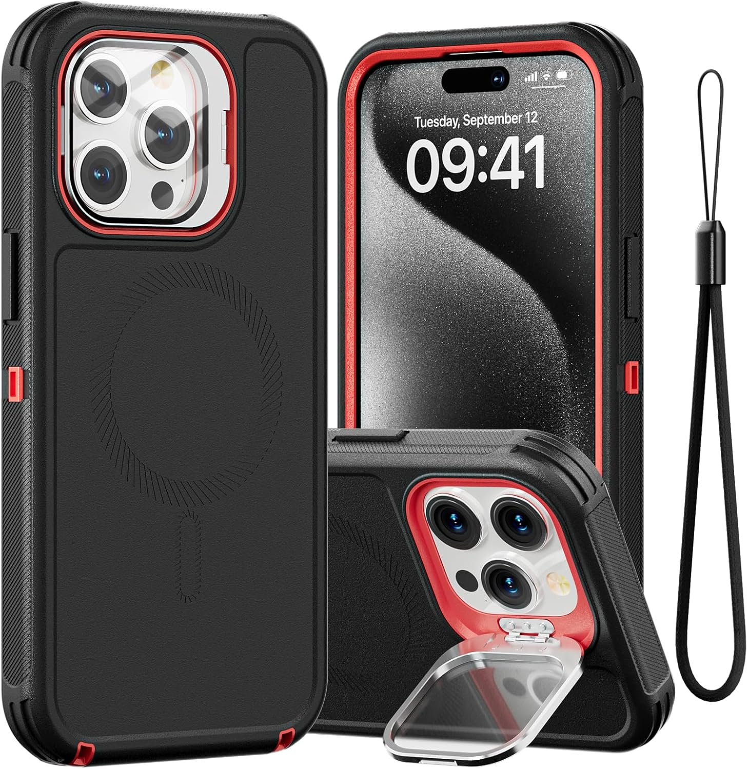 Follaroma for iPhone 15 Pro Max Case with Stand & Built-in Camera Cover, MagSafe Compatible, Heavy-Duty Shockproof Protection, Magnetic & Rugged Phone Cover for iPhone 15 Pro Max 6.7'', Black-red