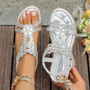 Sandali piatti con perline di moda da donna, sandali in pelle boho