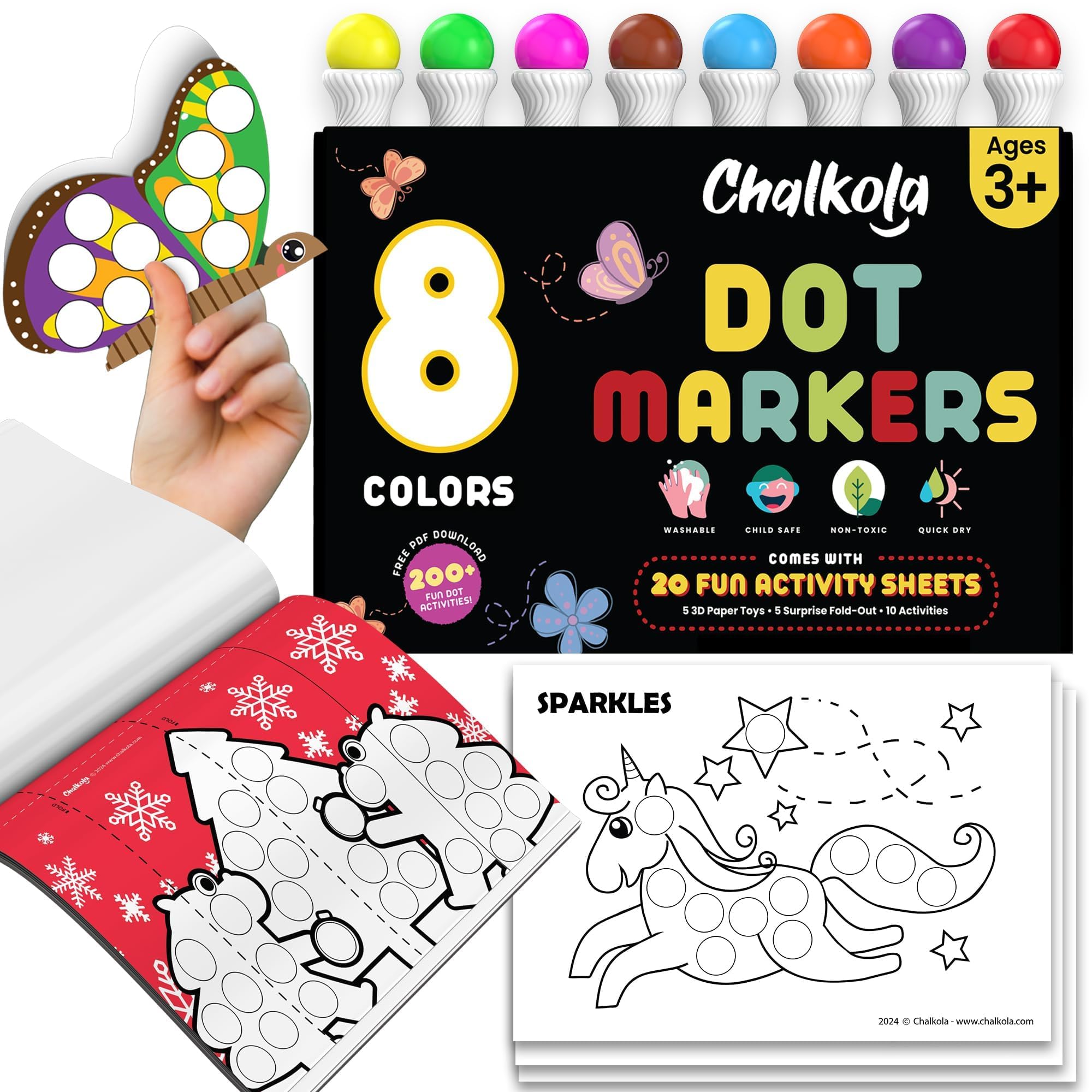 8 Washable Dot Markers for Toddlers - Non Toxic Paint Dotters, Bingo Daubers | Dot Art Markers, Paint Dot Markers for Kids with 20 Page Free Activity Book - Ages 1, 2,3, 4 + Years