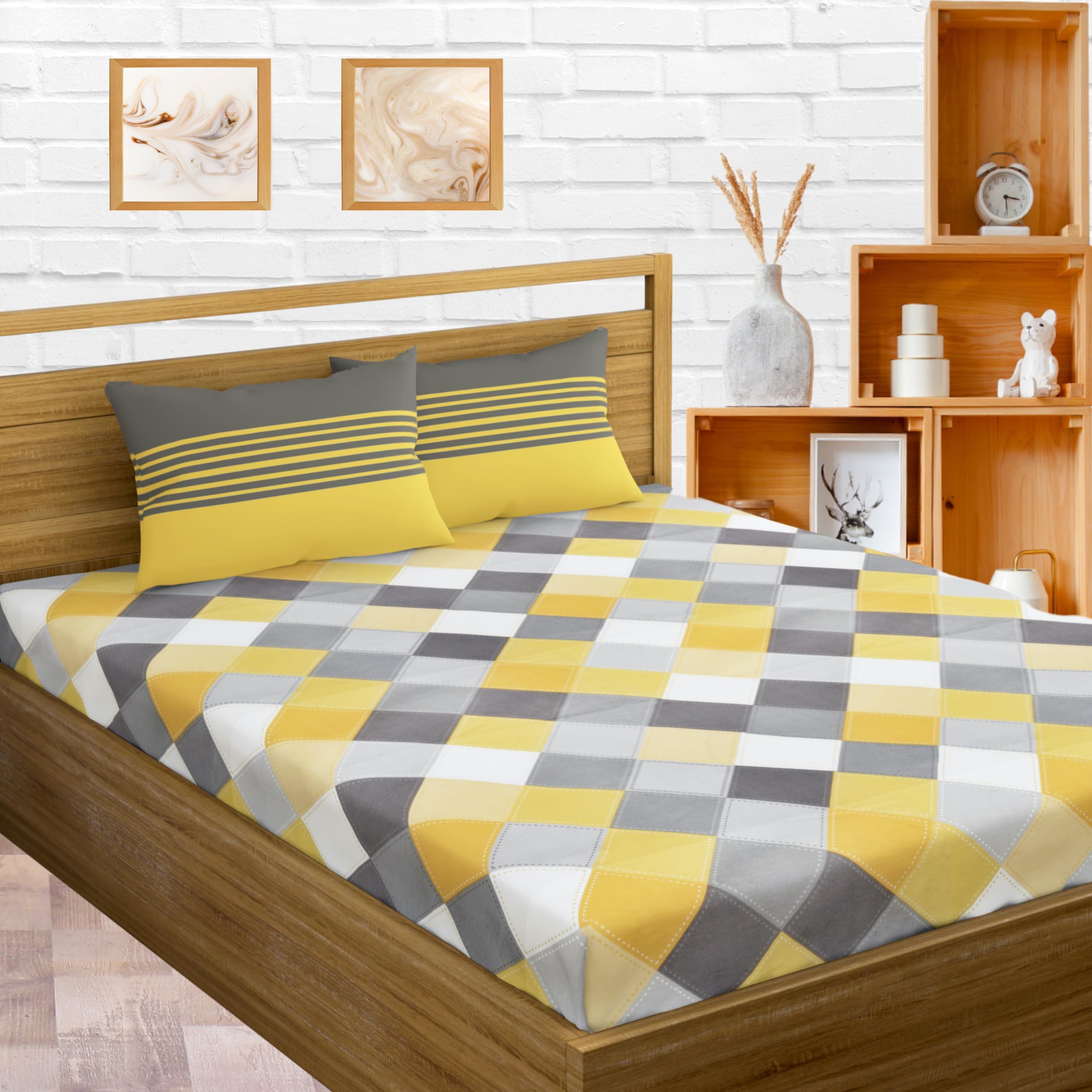 144 TC 100% Cotton Bedsheet for Double Bed with 2 Pillow Covers - Yellow & Grey, Checkered